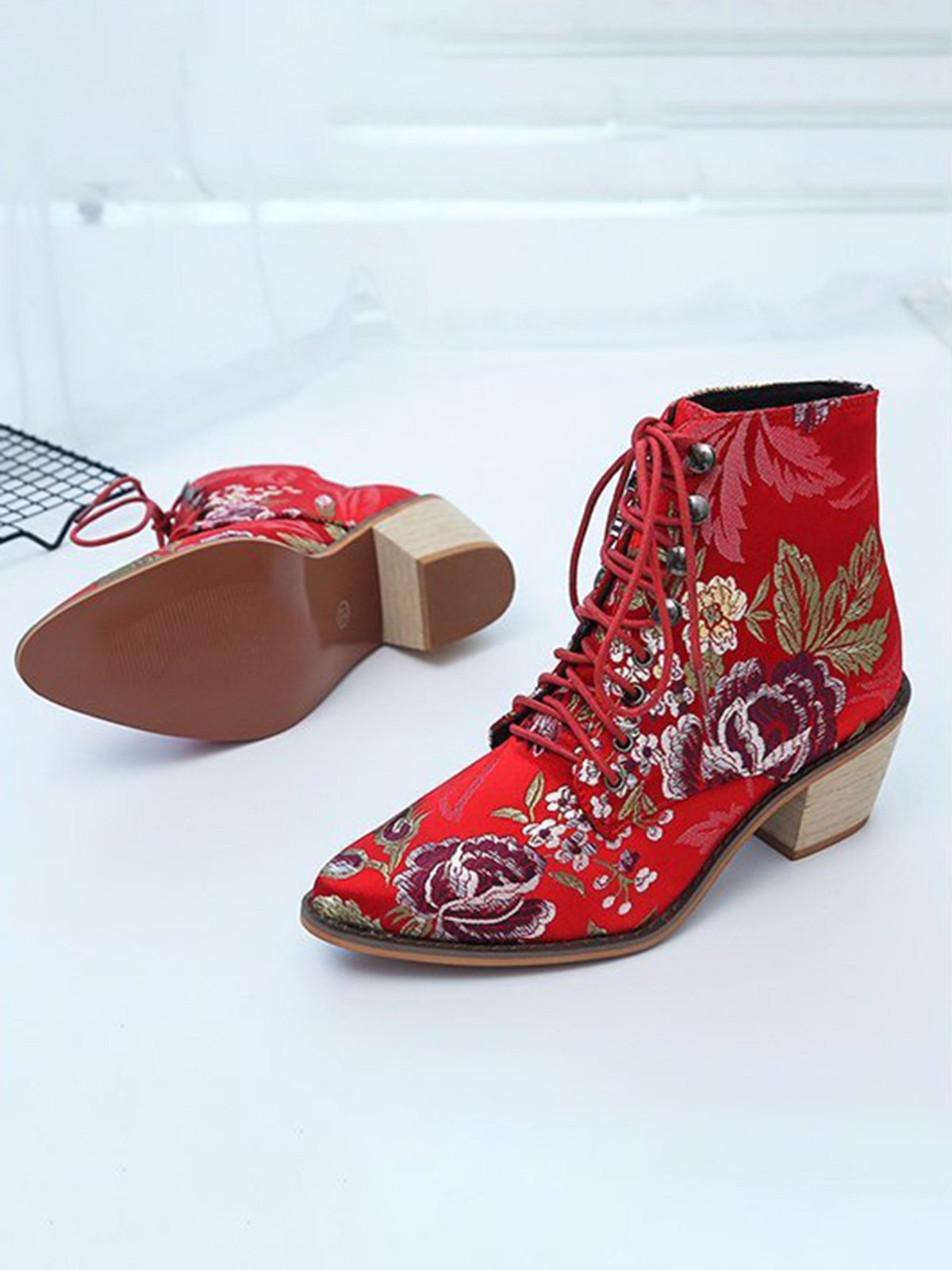 Floral Satin Chunky-Heel Pointed-Toe Booties