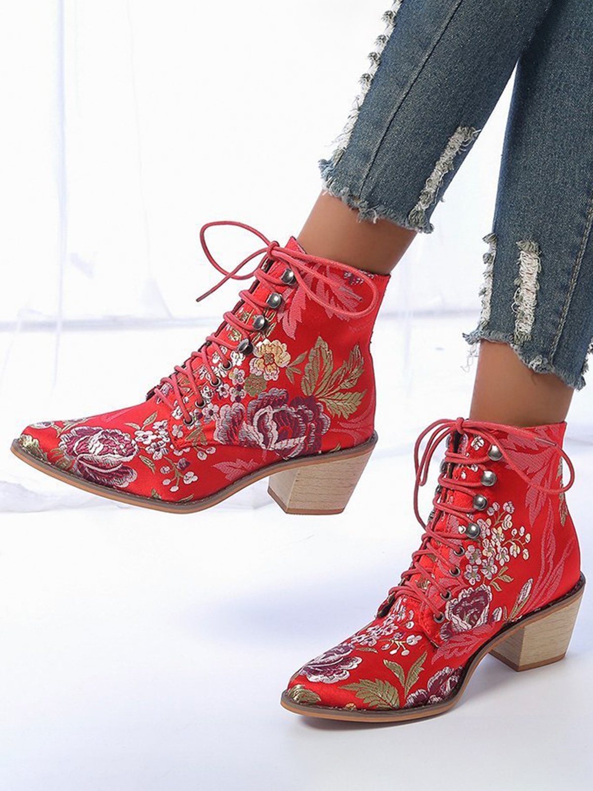 Floral Satin Chunky-Heel Pointed-Toe Booties