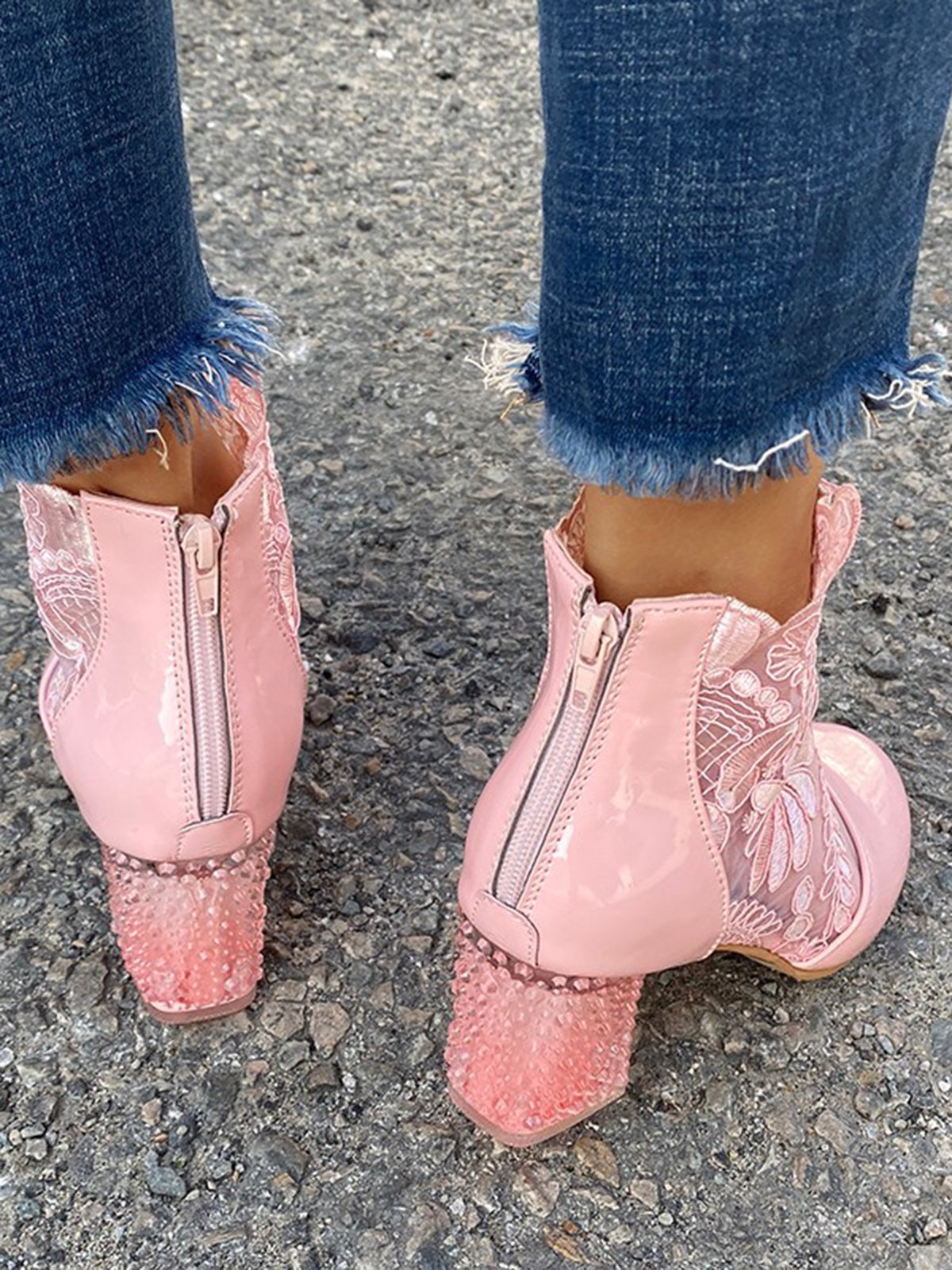 Lace Rhinestone Mesh Panel Crystal Chunky Heel Wedding Booties