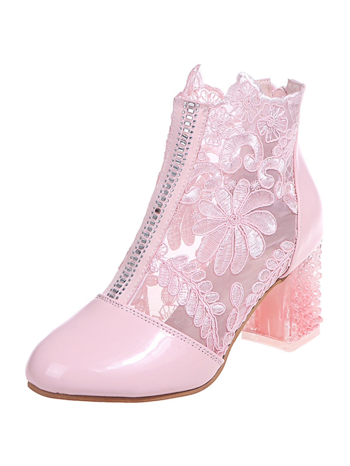 Lace Rhinestone Mesh Panel Crystal Chunky Heel Wedding Booties