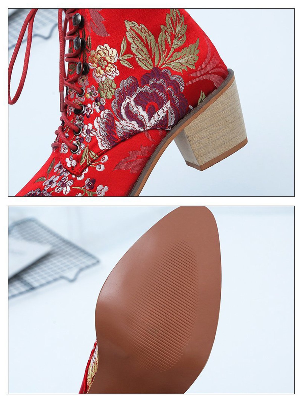 Floral Satin Chunky-Heel Pointed-Toe Booties