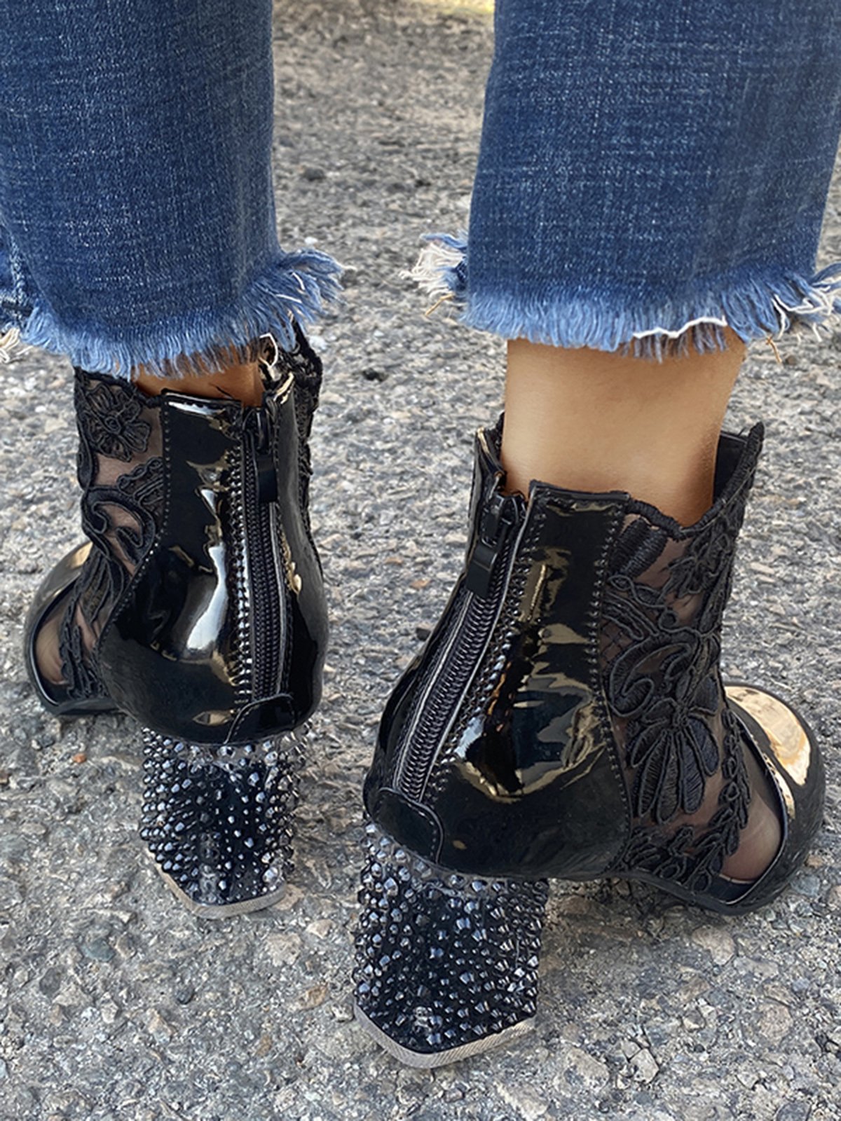 Lace Rhinestone Mesh Panel Crystal Chunky Heel Wedding Booties