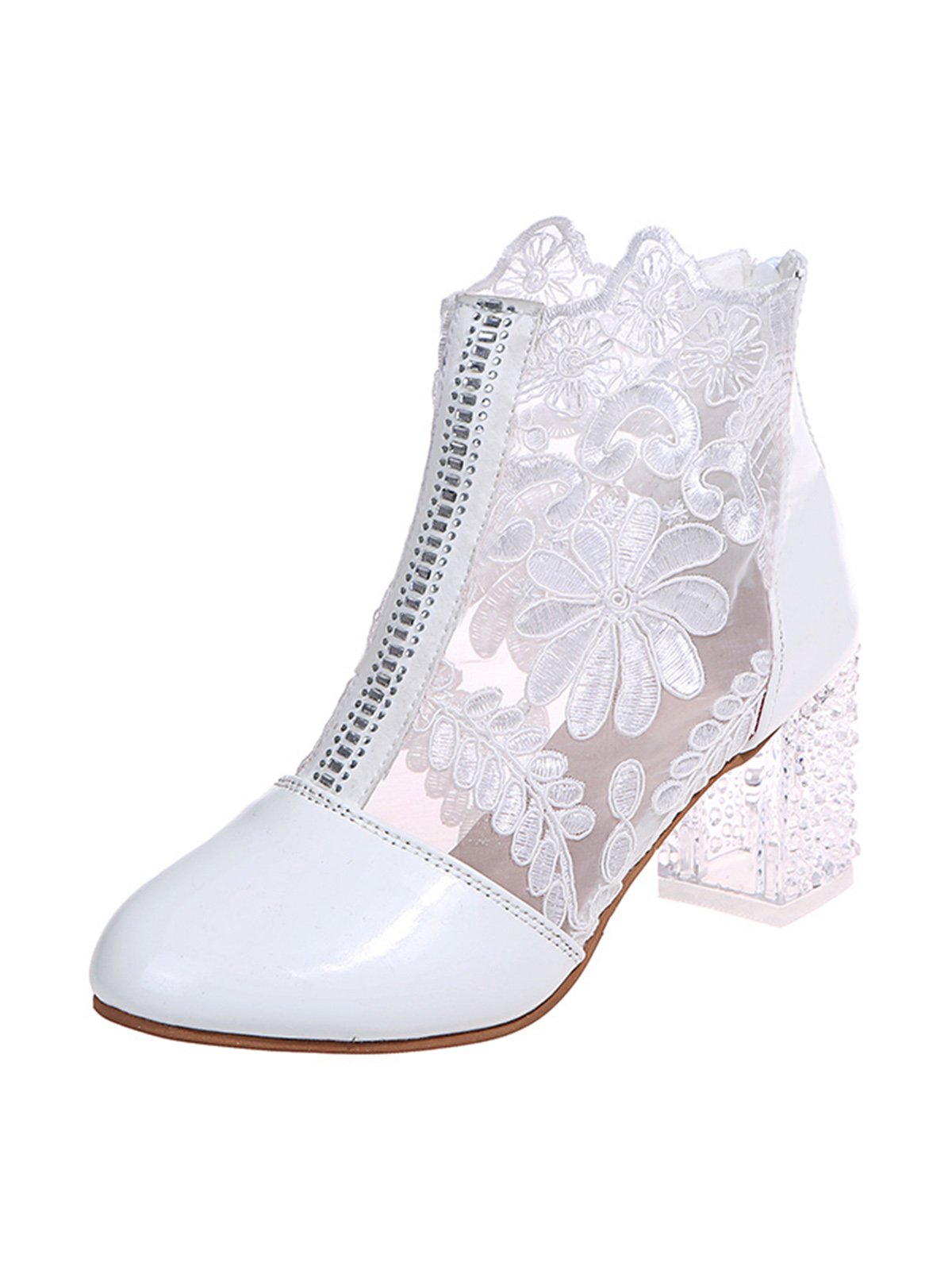Lace Rhinestone Mesh Panel Crystal Chunky Heel Wedding Booties