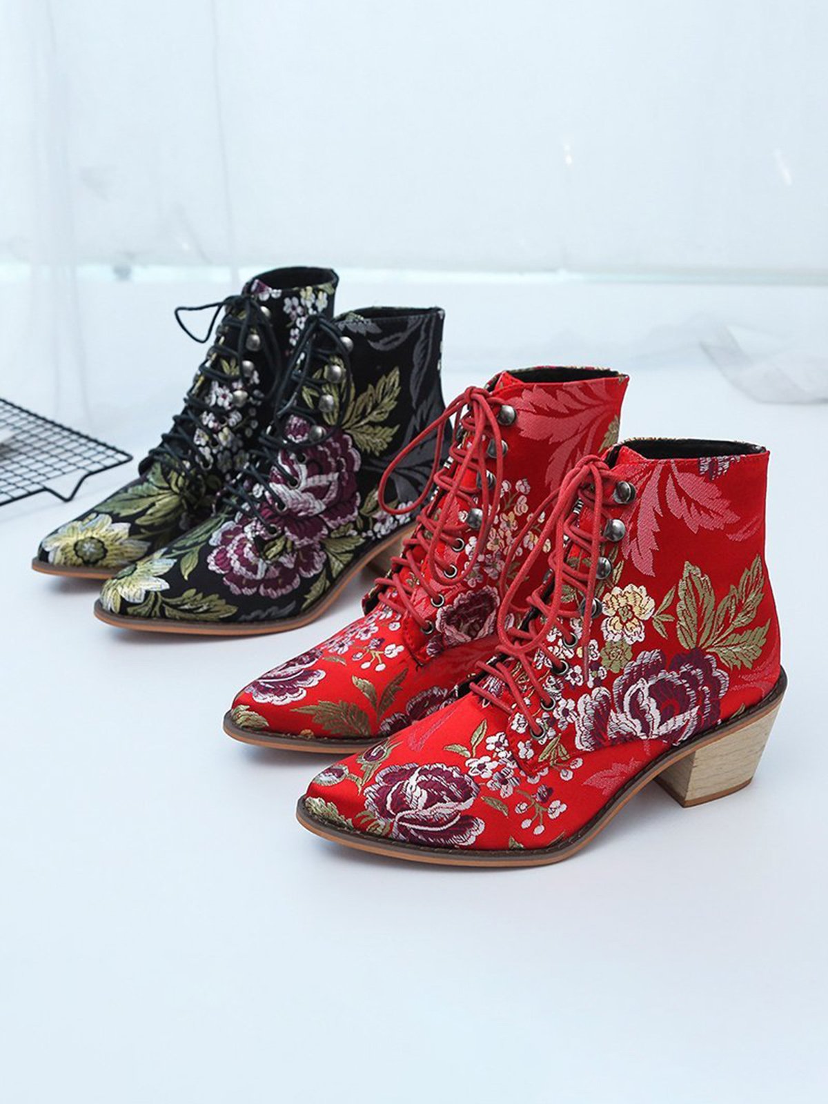 Floral Satin Chunky-Heel Pointed-Toe Booties