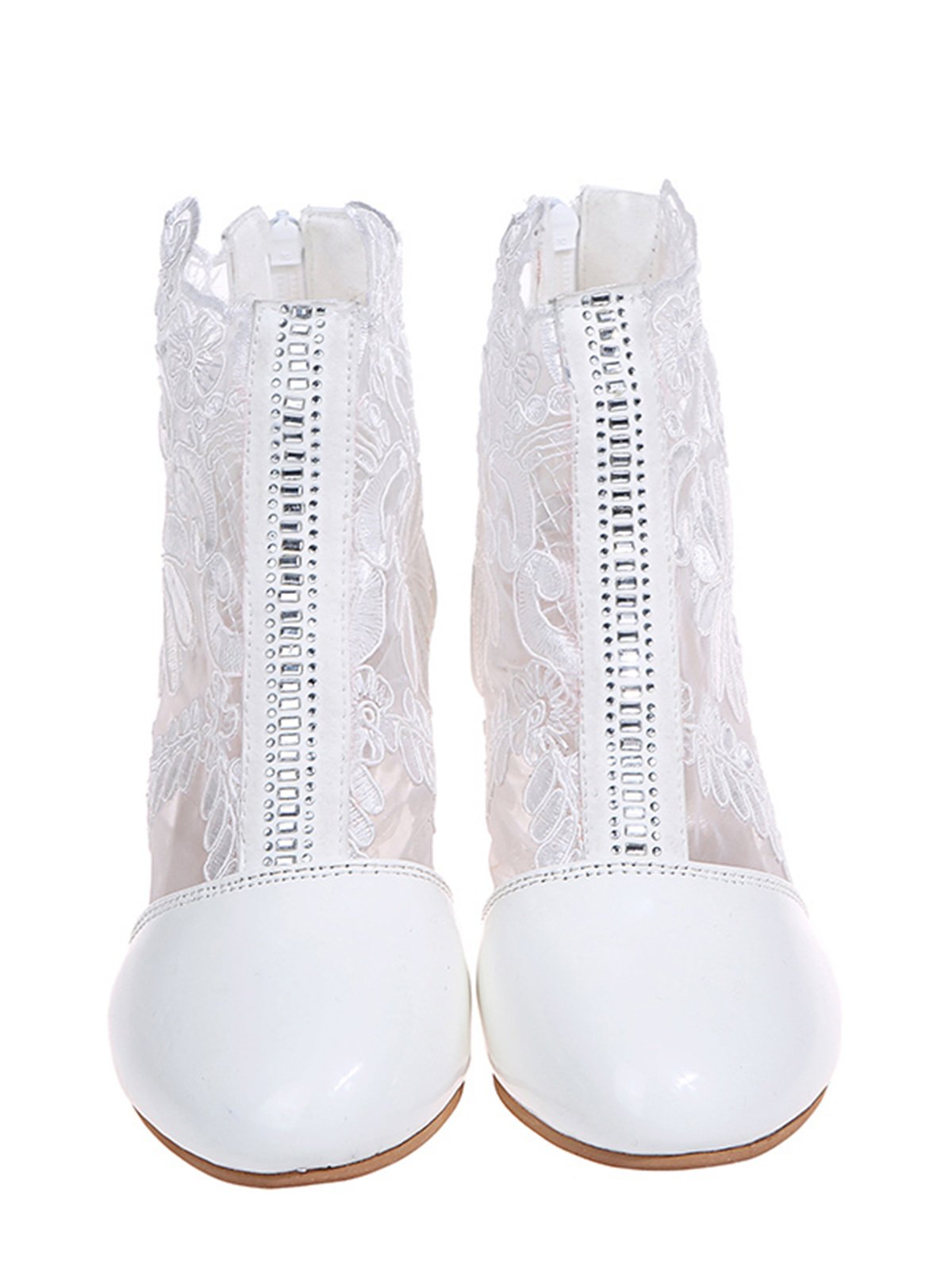 Lace Rhinestone Mesh Panel Crystal Chunky Heel Wedding Booties