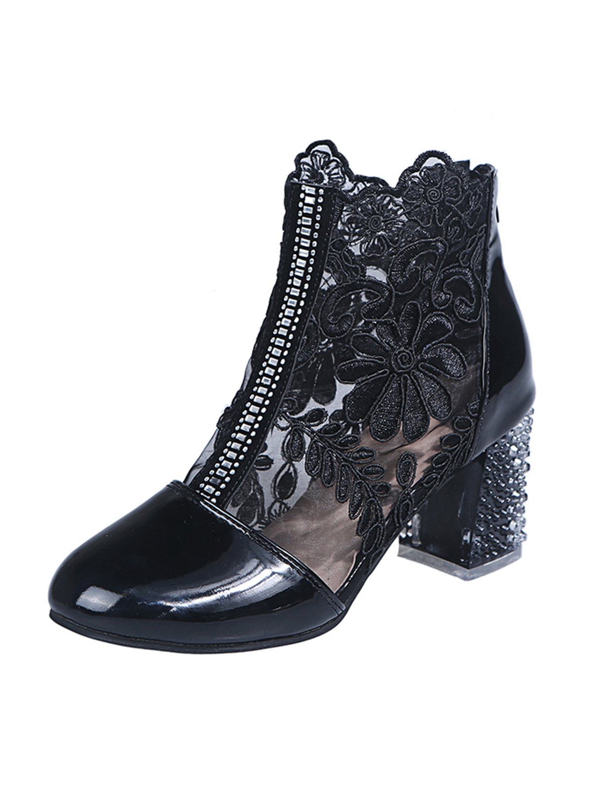 Lace Rhinestone Mesh Panel Crystal Chunky Heel Wedding Booties