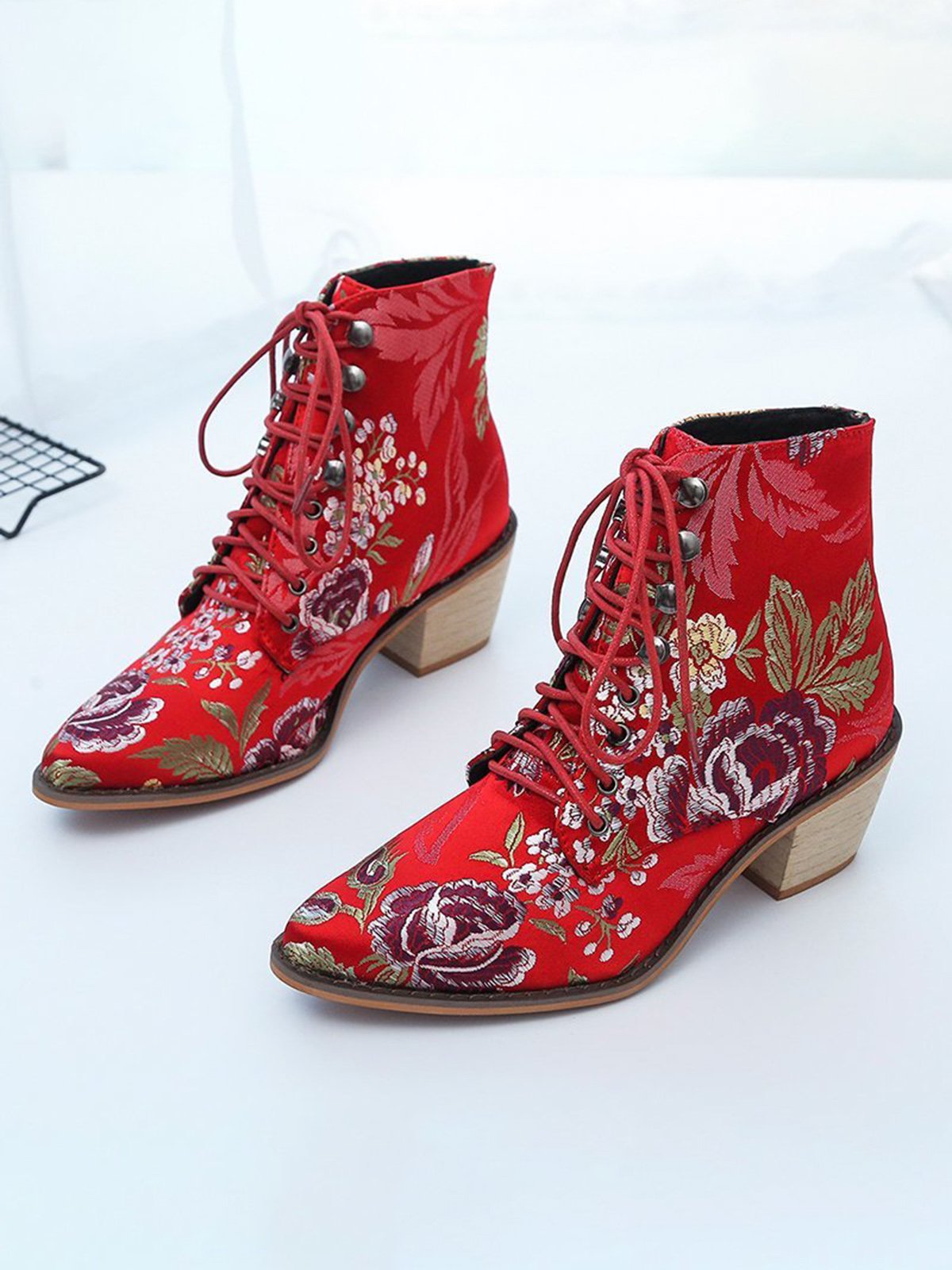 Floral Satin Chunky-Heel Pointed-Toe Booties