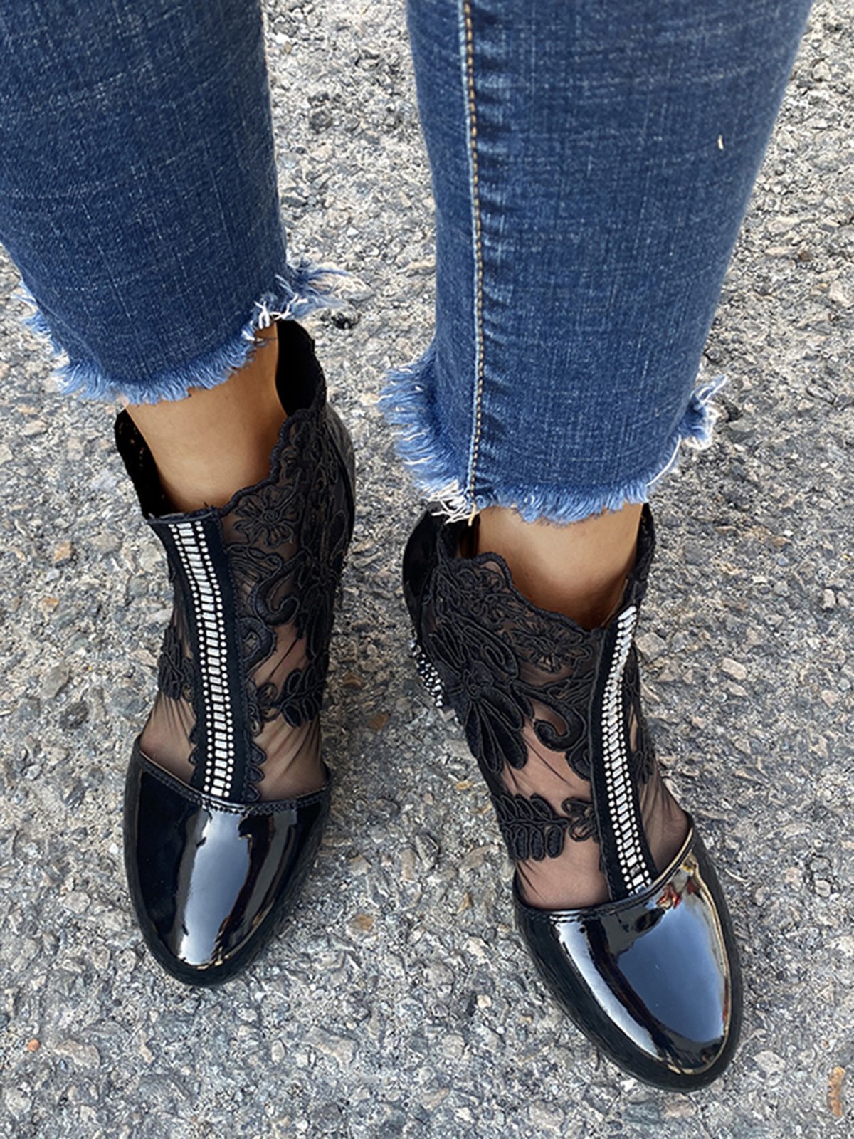 Lace Rhinestone Mesh Panel Crystal Chunky Heel Wedding Booties