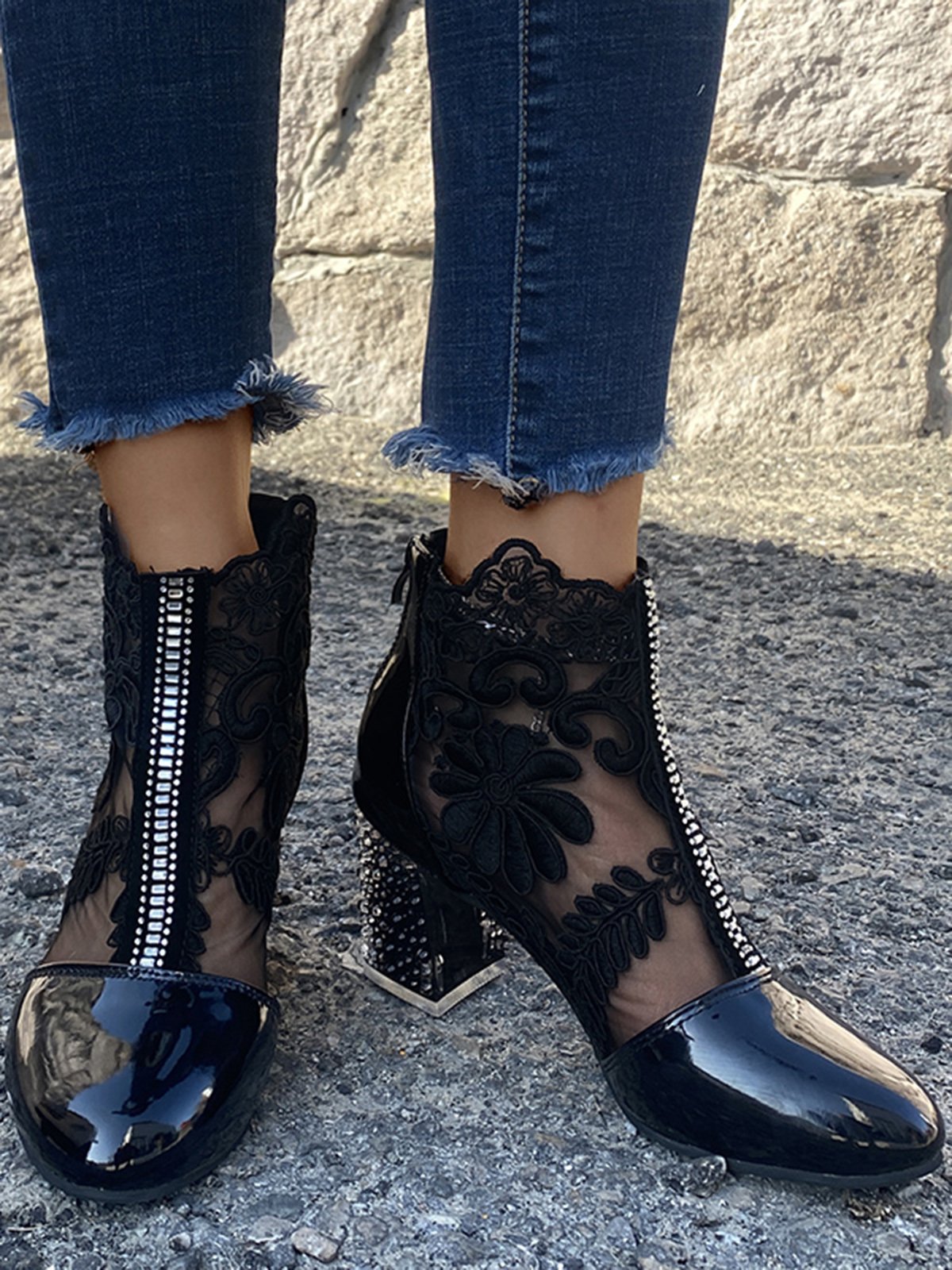 Lace Rhinestone Mesh Panel Crystal Chunky Heel Wedding Booties