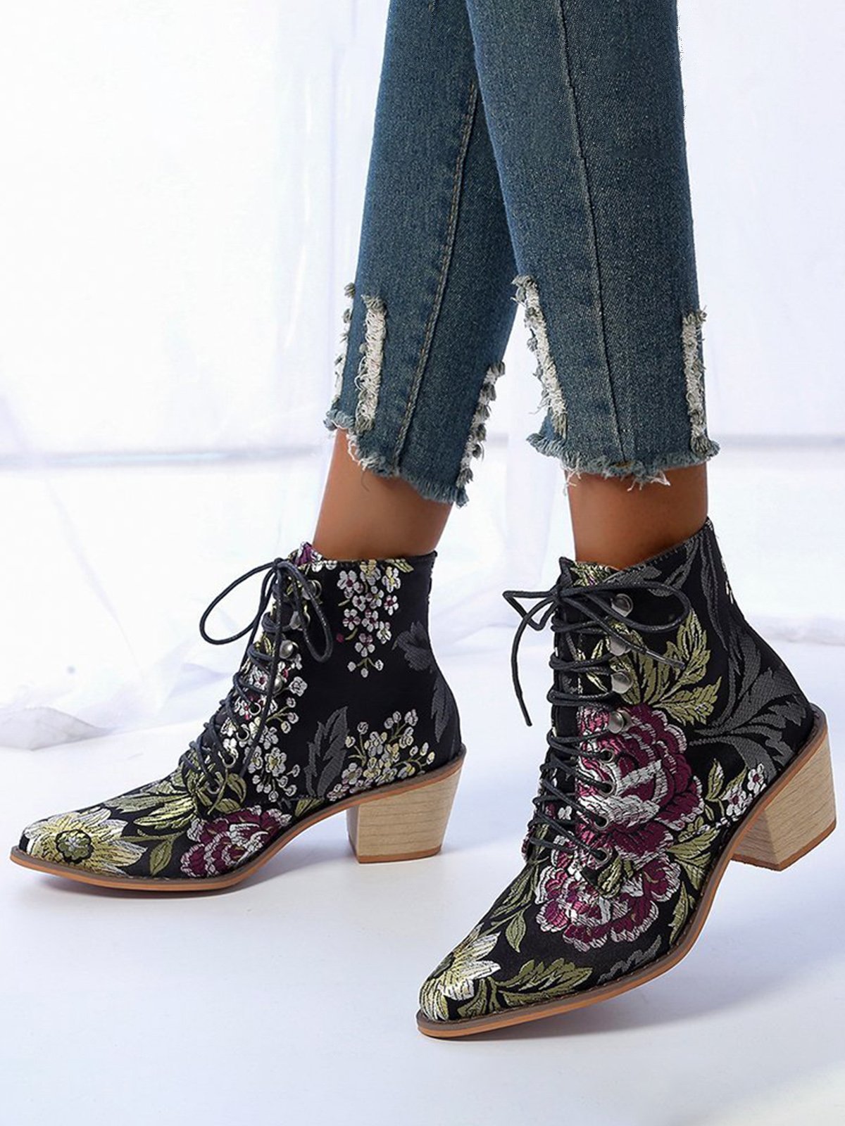 Floral Satin Chunky-Heel Pointed-Toe Booties