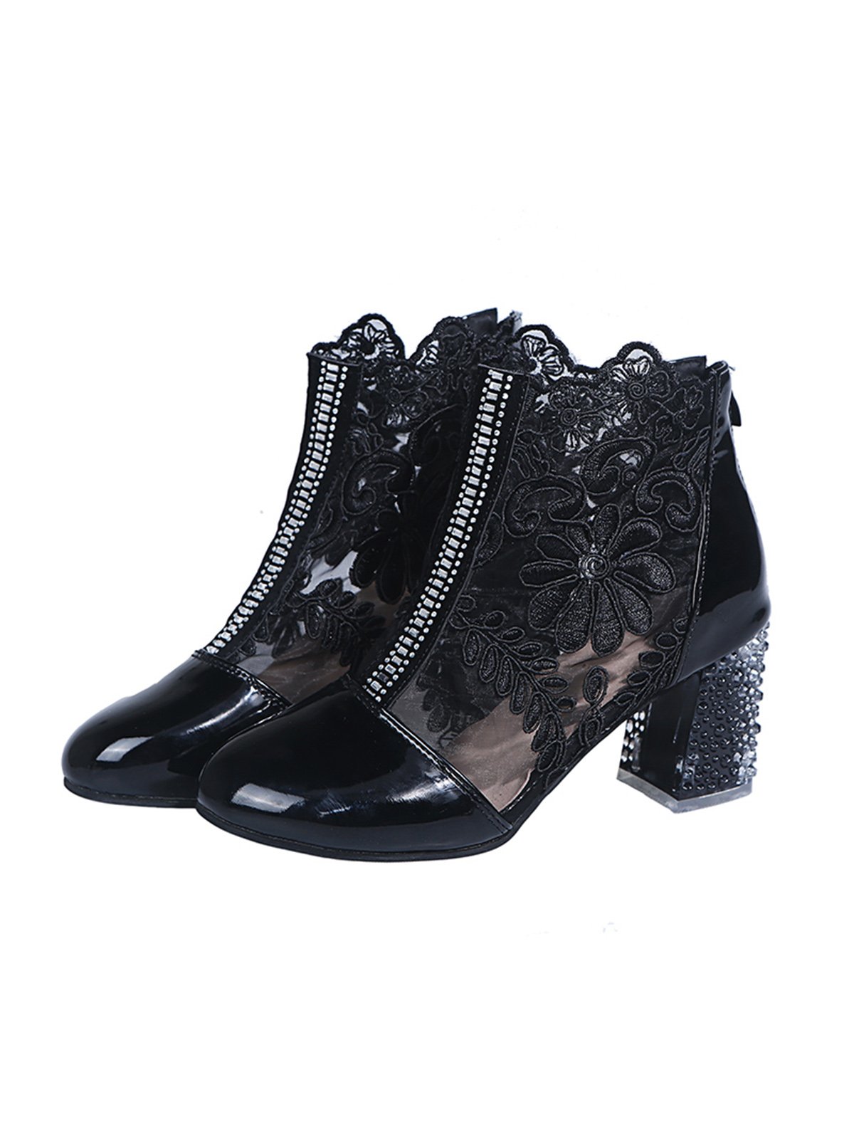 Lace Rhinestone Mesh Panel Crystal Chunky Heel Wedding Booties
