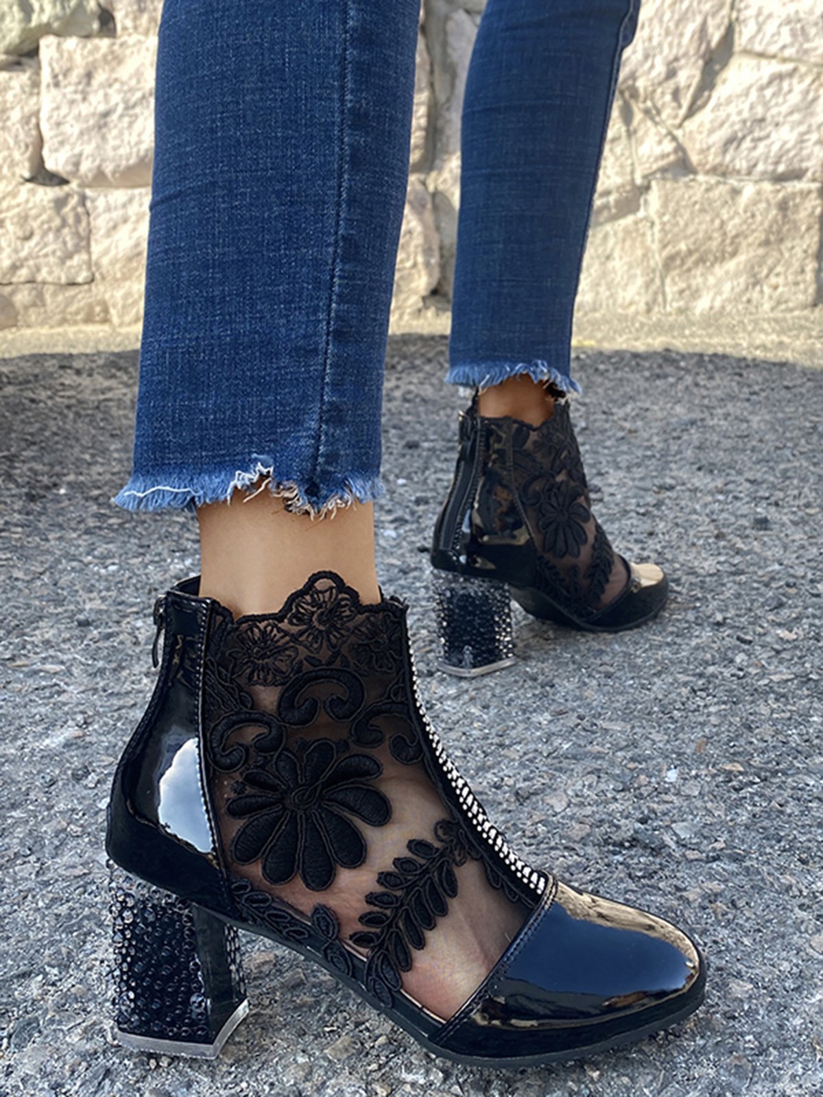 Lace Rhinestone Mesh Panel Crystal Chunky Heel Wedding Booties