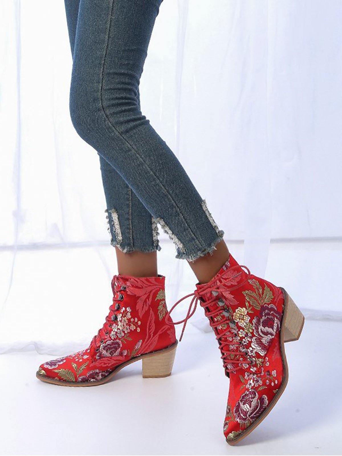 Floral Satin Chunky-Heel Pointed-Toe Booties