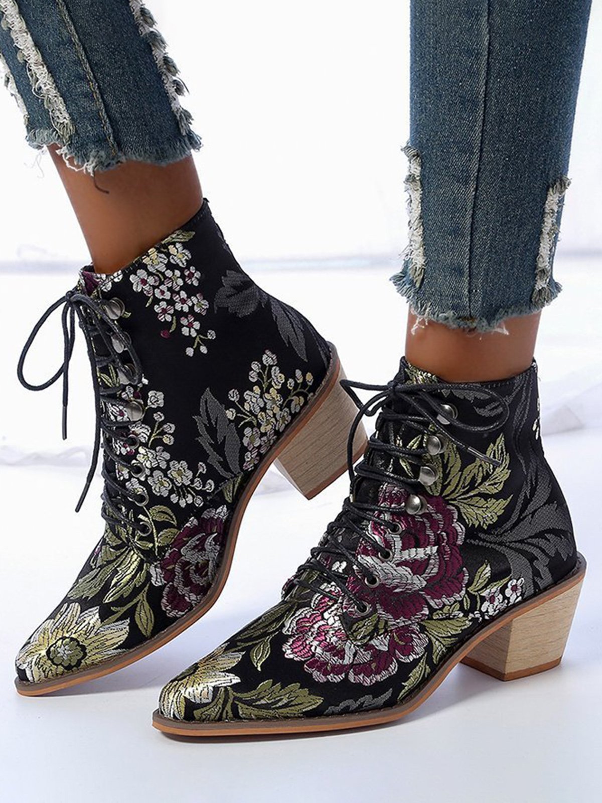 Floral Satin Chunky-Heel Pointed-Toe Booties