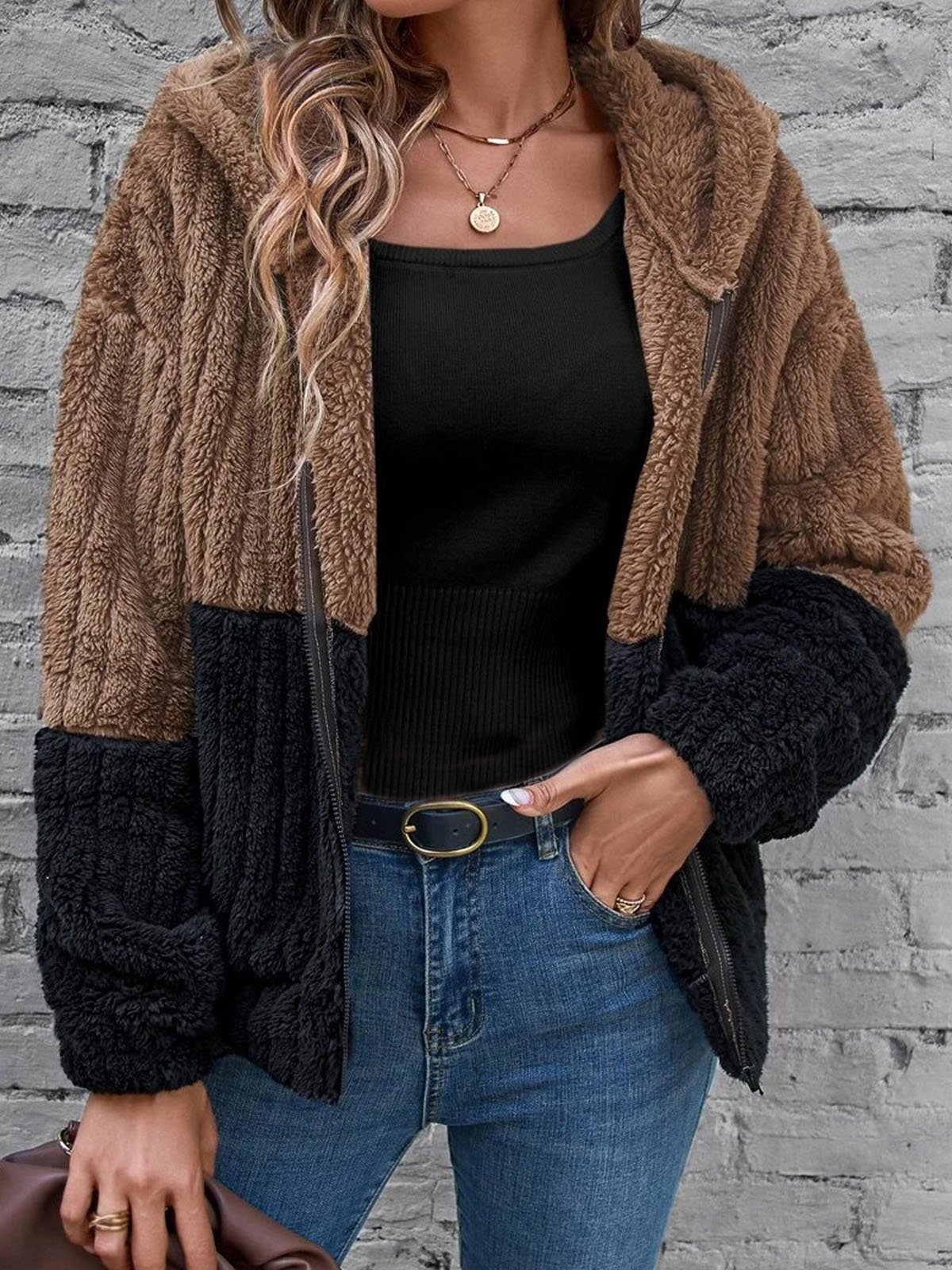 Fluff/Granular Fleece Fabric Color Block Hoodie Teddy Jacket