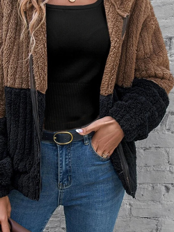 Fluff/Granular Fleece Fabric Color Block Hoodie Teddy Jacket