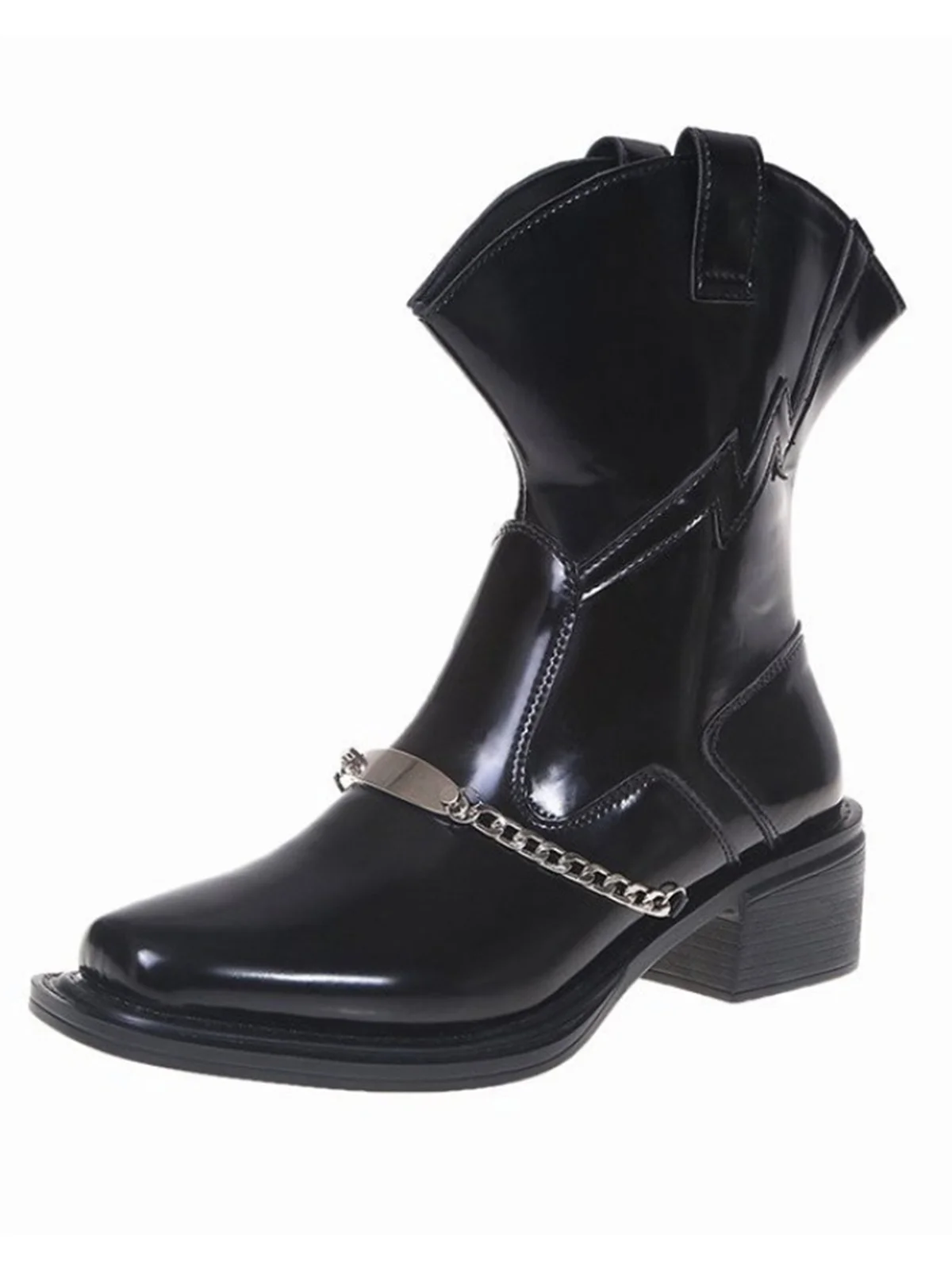 Denim Panel Fringed Western Cowboy Boots with Chain