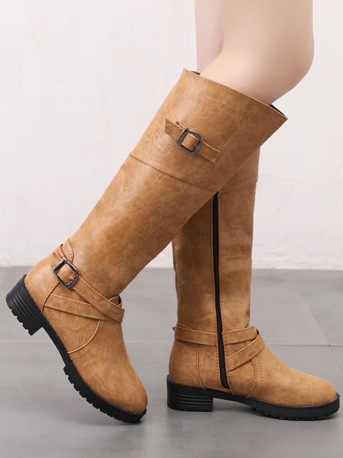 Buckle Zip Casual Straight Boots