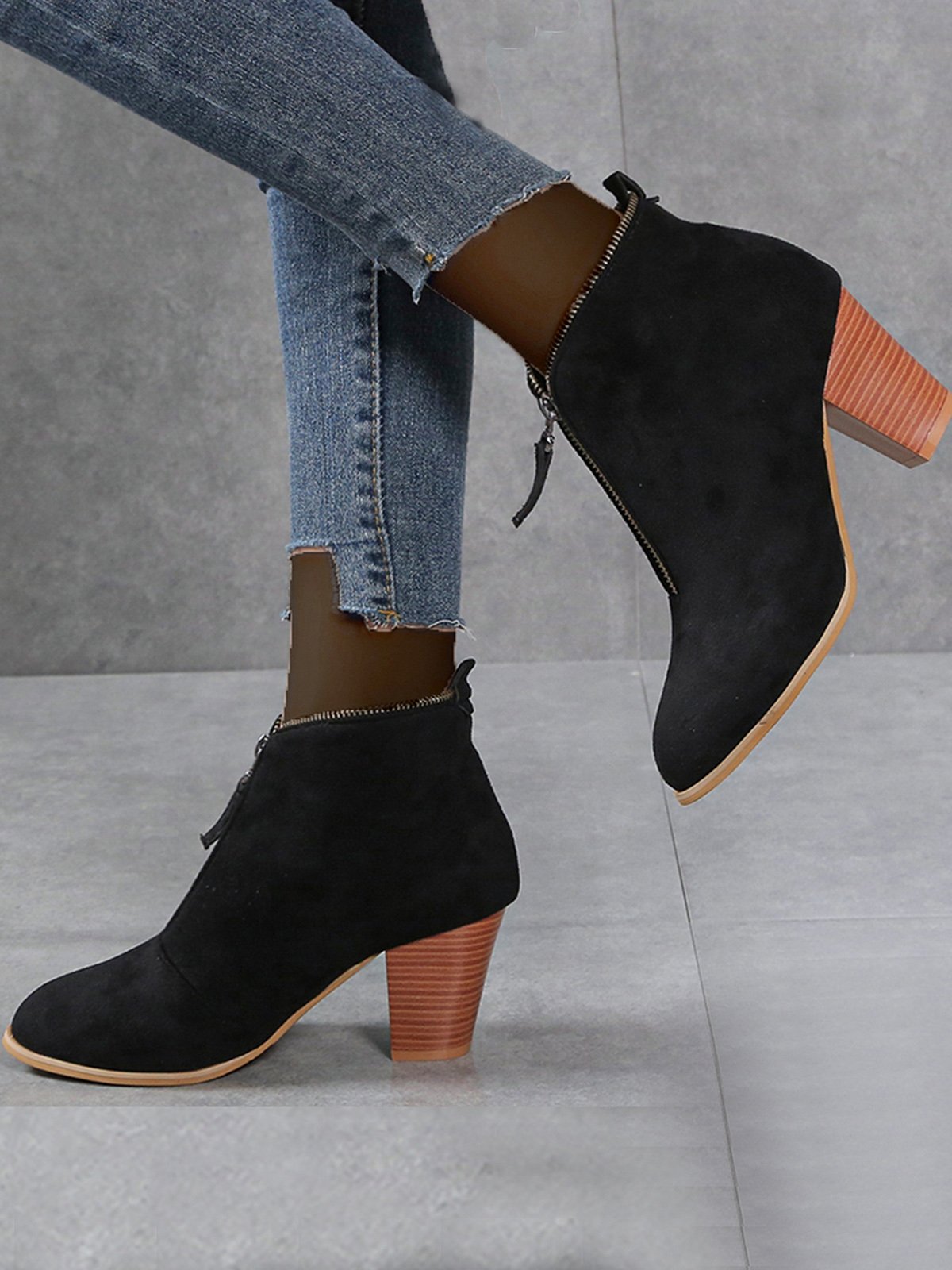 Leopard Print Plain Faux Leather Chunky Heel Boots