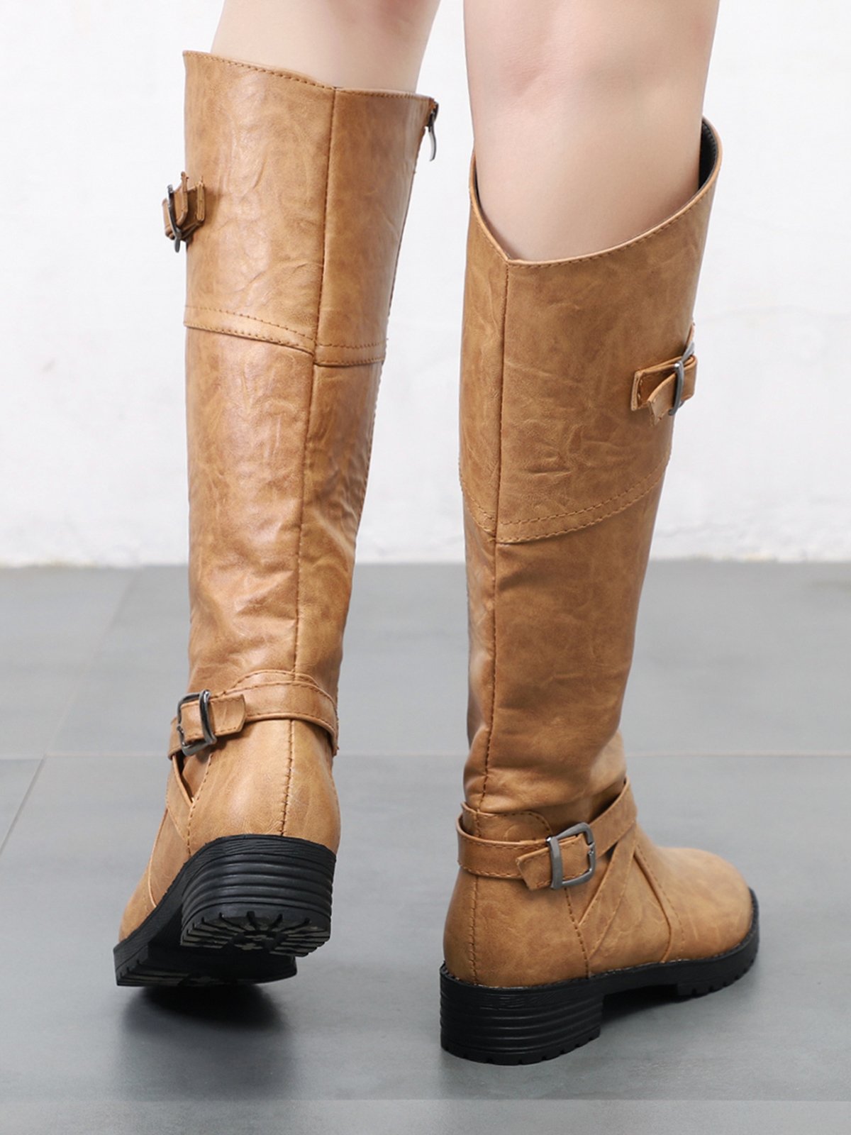 Buckle Zip Casual Straight Boots