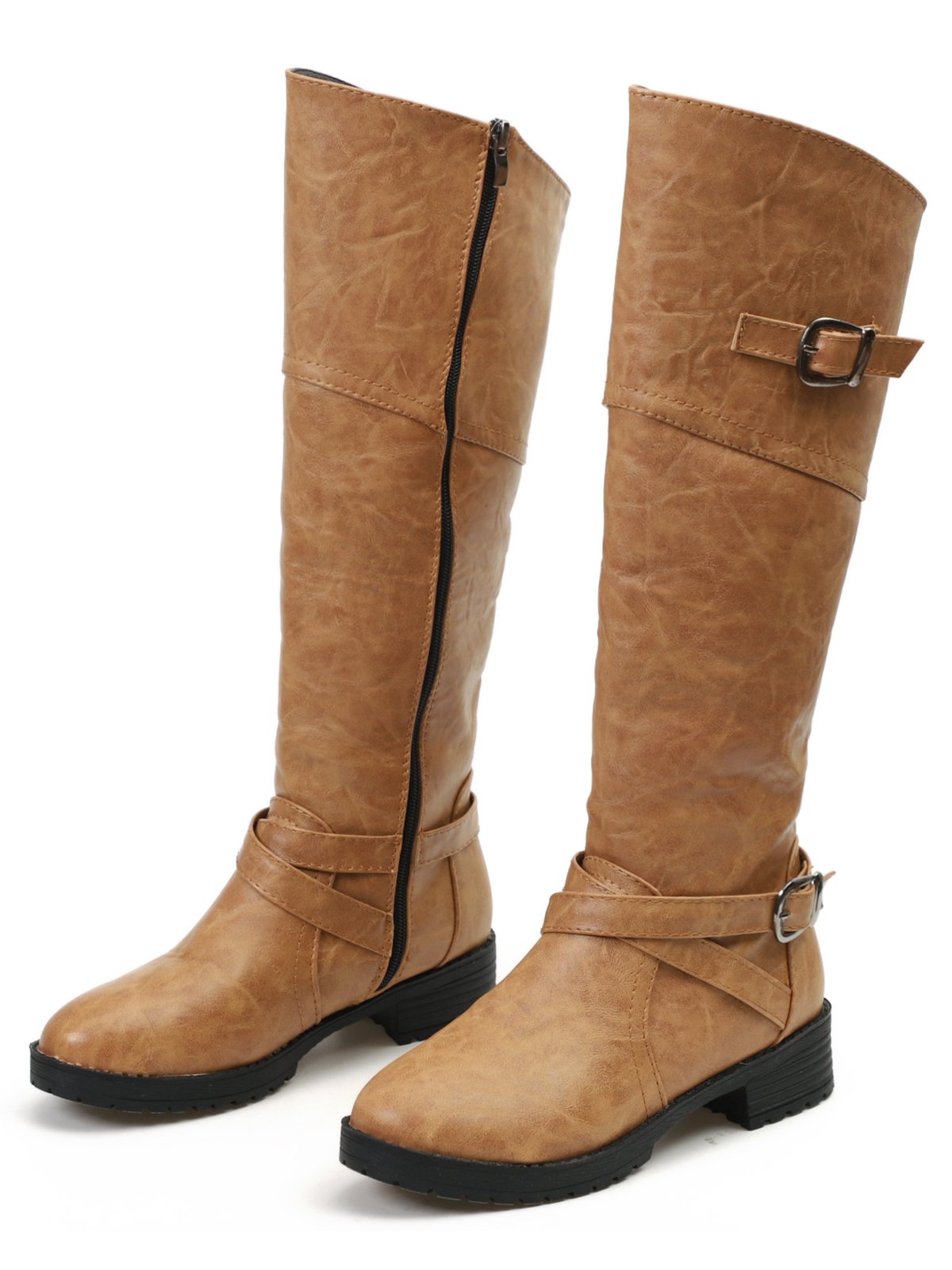 Buckle Zip Casual Straight Boots
