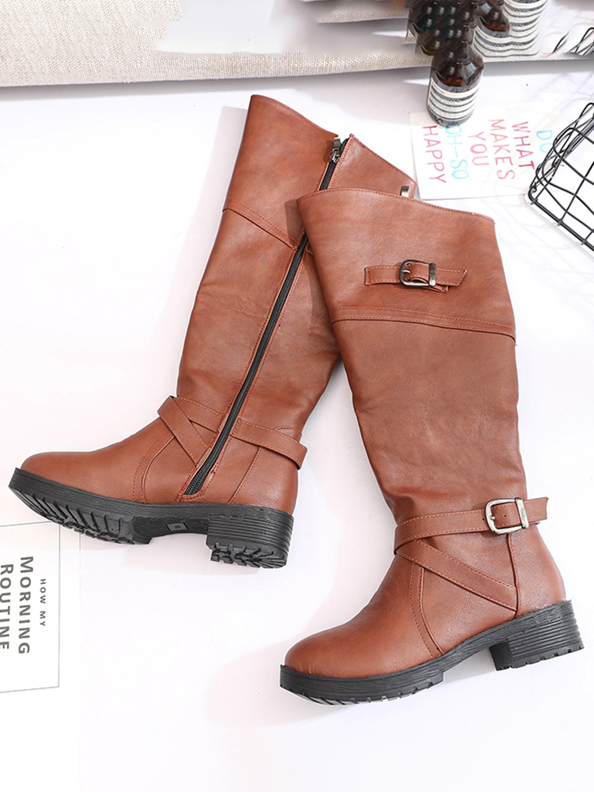 Buckle Zip Casual Straight Boots