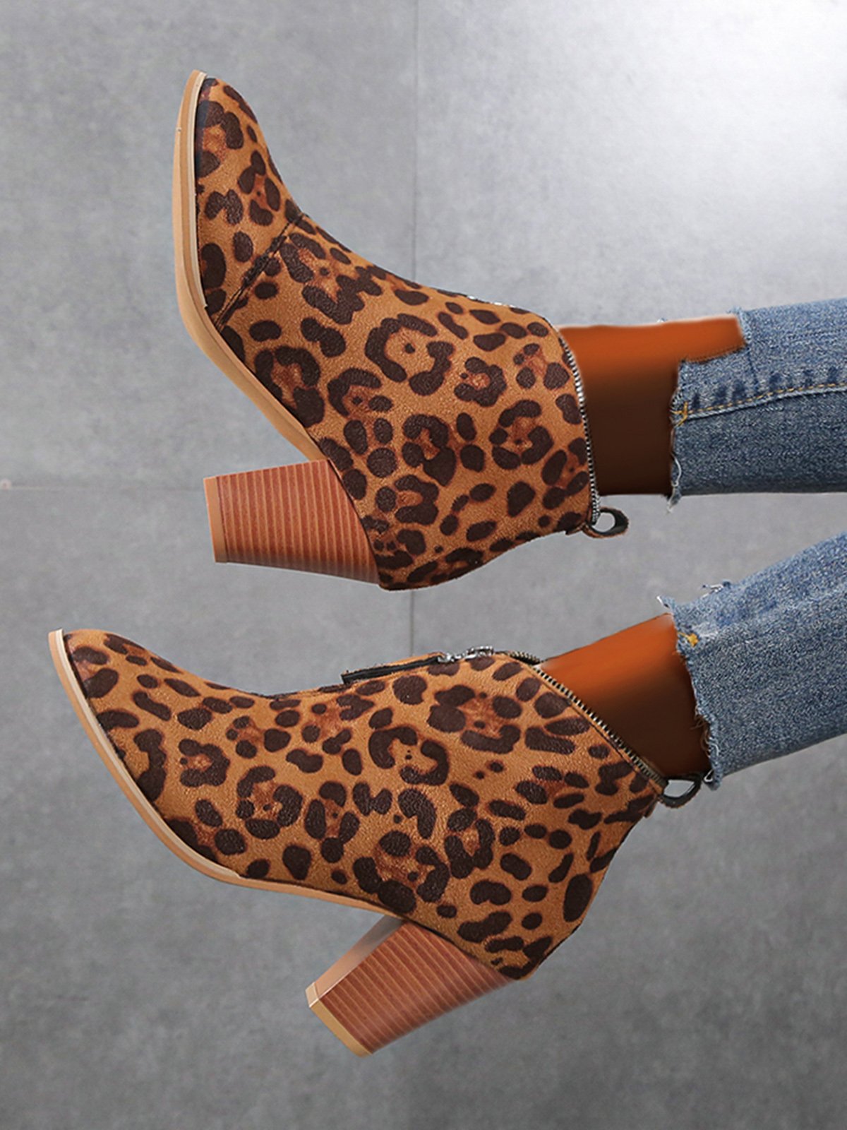 Leopard Print Plain Faux Leather Chunky Heel Boots