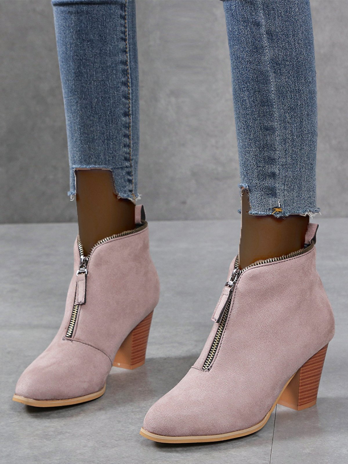 Leopard Print Plain Faux Leather Chunky Heel Boots