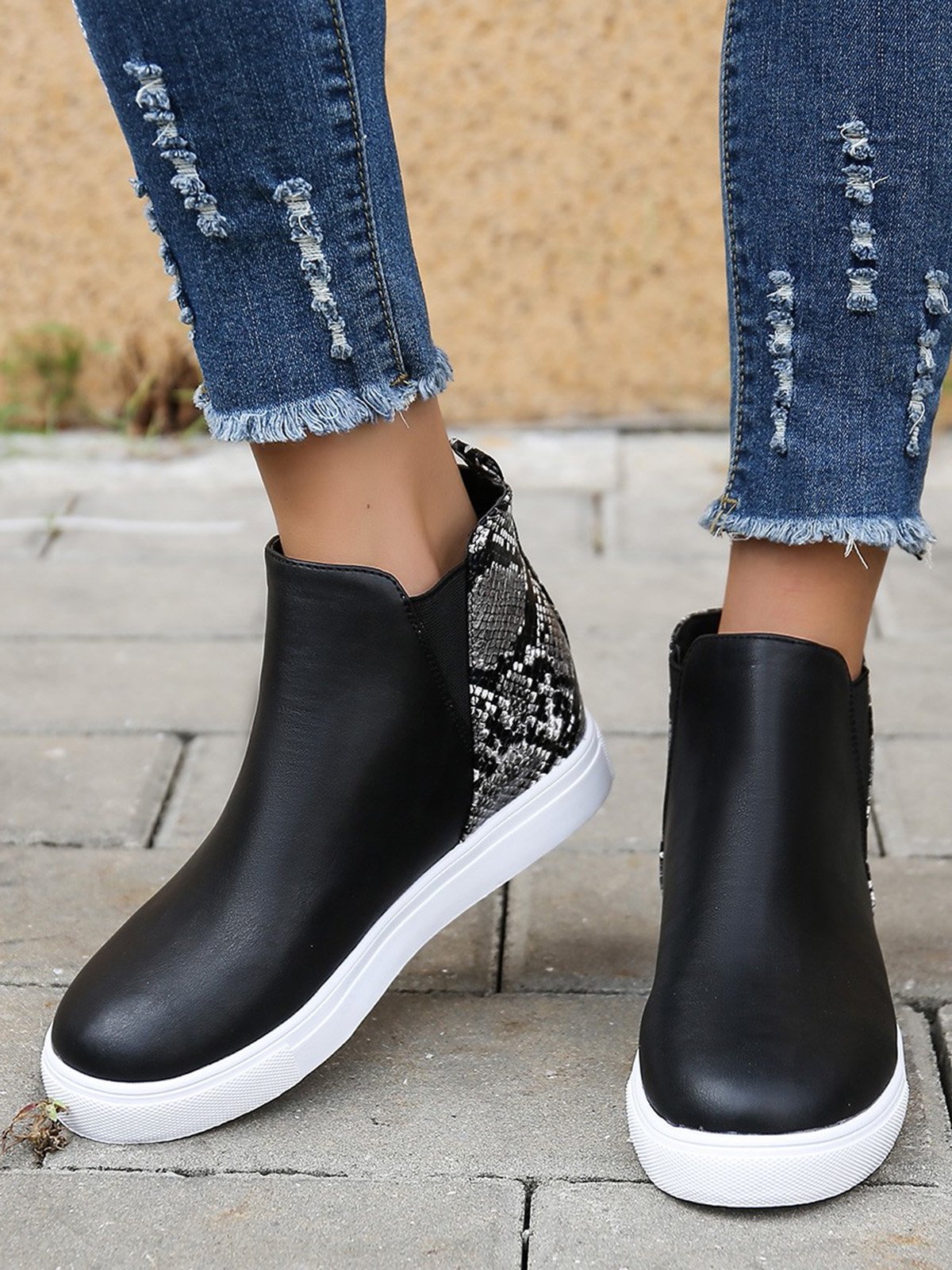Snake Print Stitching Casual Inner Heightening Ankle Boots