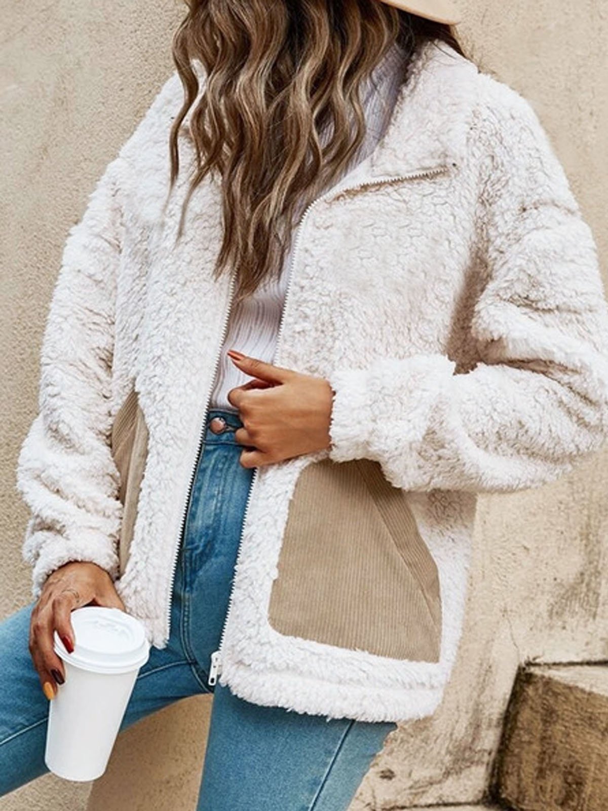 Shawl Collar Color Block Loose Fluff/Granular Fleece Fabric Teddy Jacket