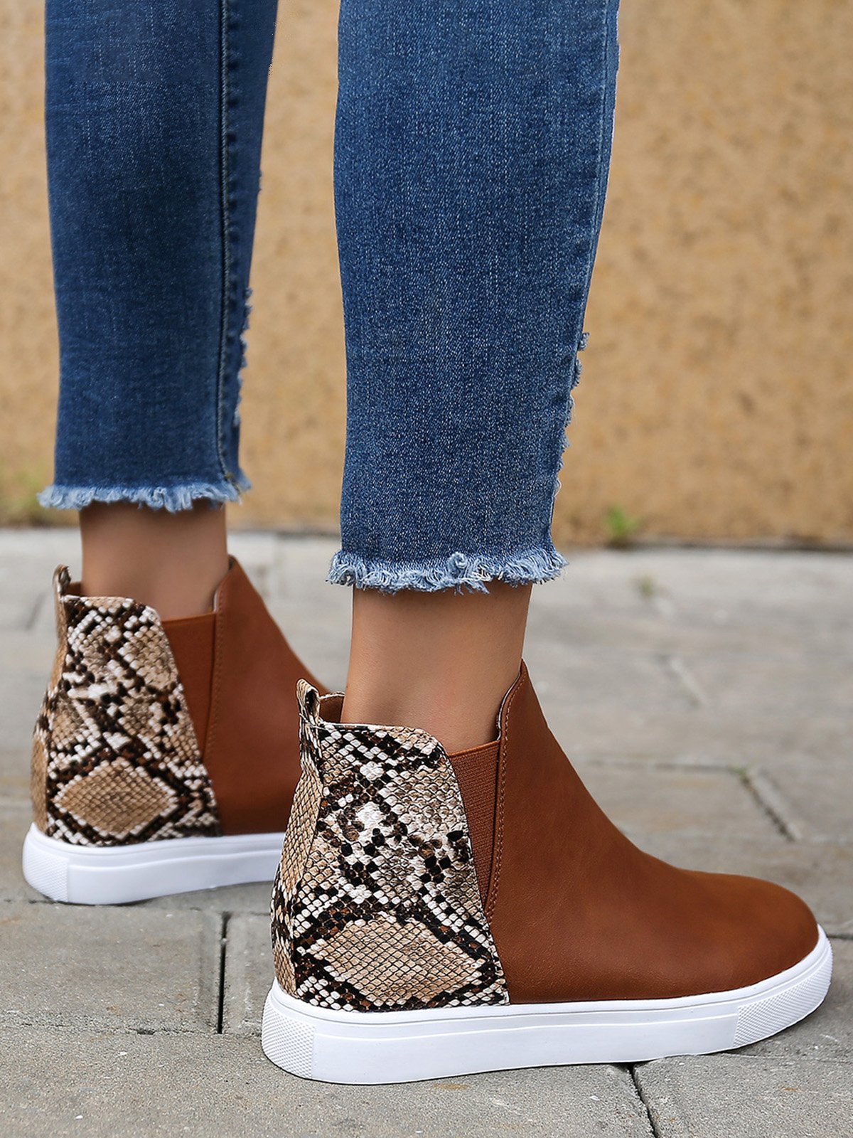 Snake Print Stitching Casual Inner Heightening Ankle Boots