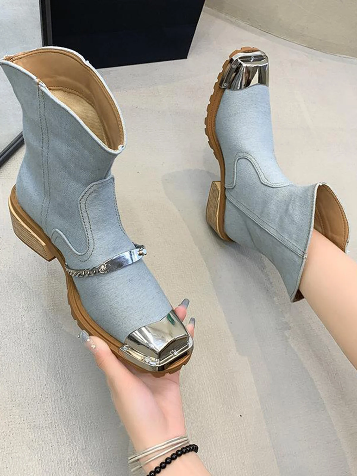 Denim Panel Fringed Western Cowboy Boots with Chain