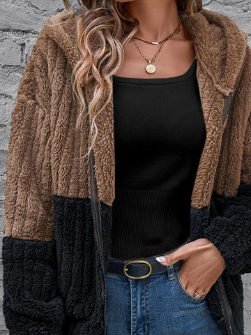 Fluff/Granular Fleece Fabric Color Block Hoodie Teddy Jacket