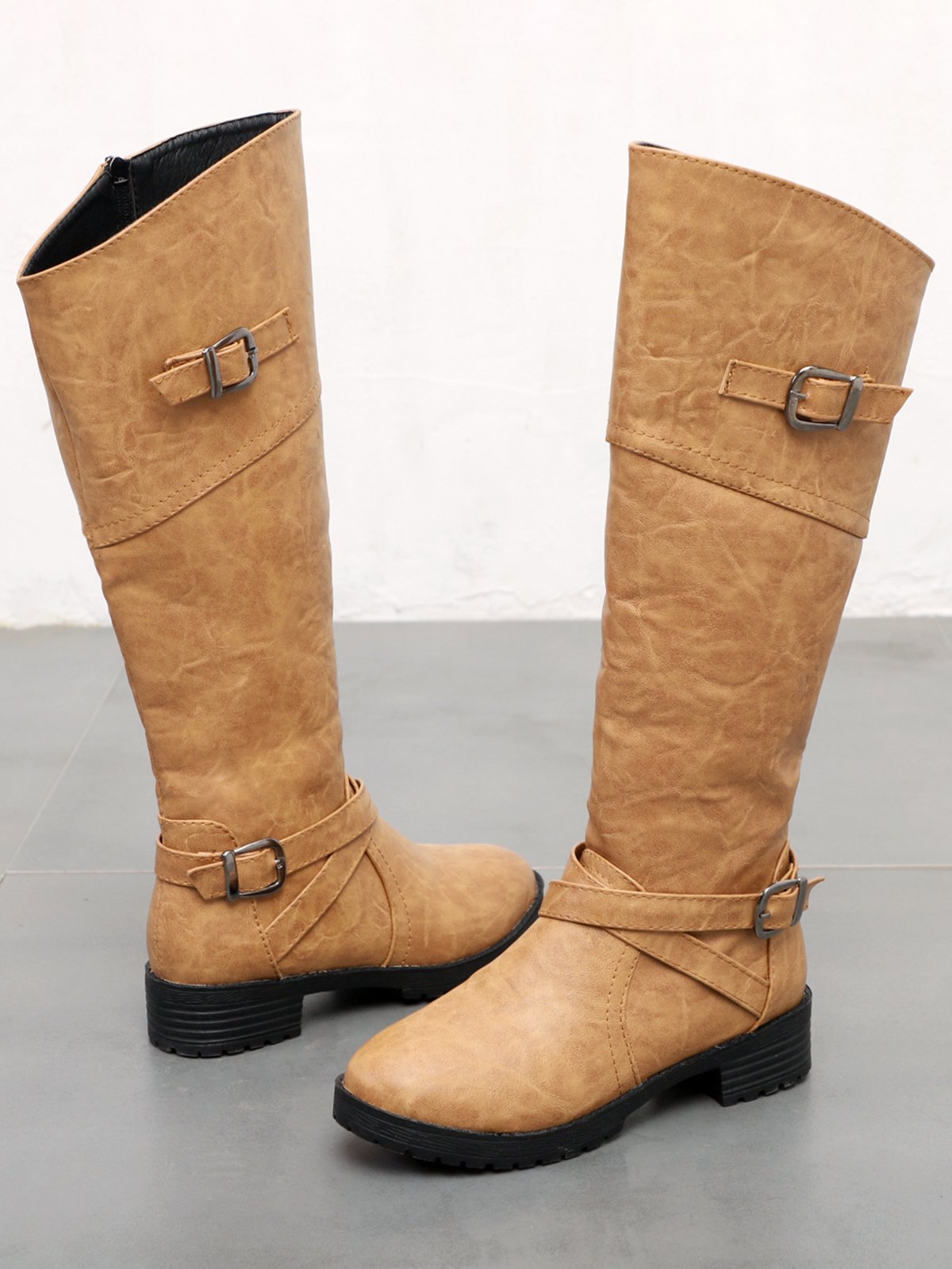 Buckle Zip Casual Straight Boots