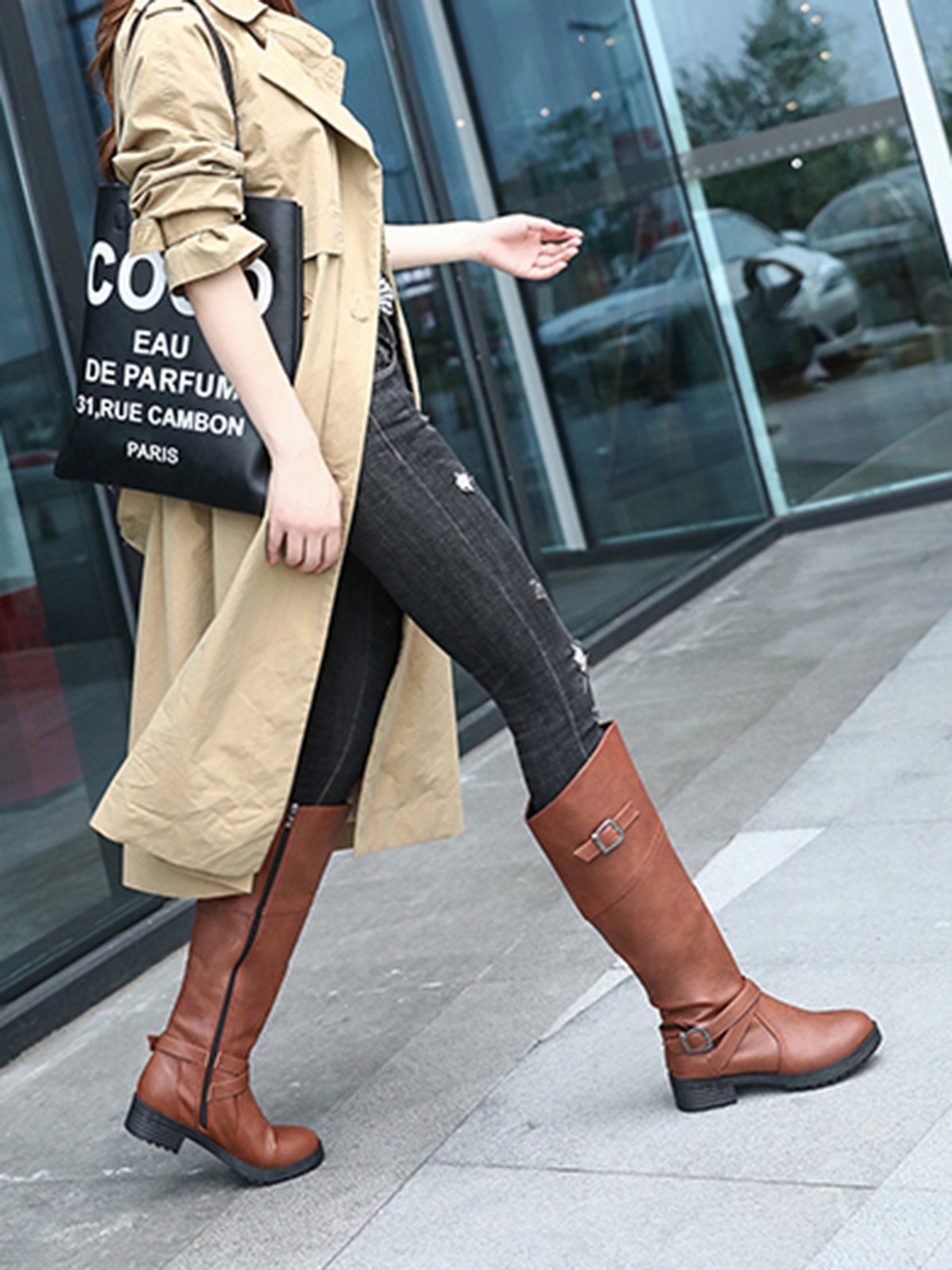 Buckle Zip Casual Straight Boots