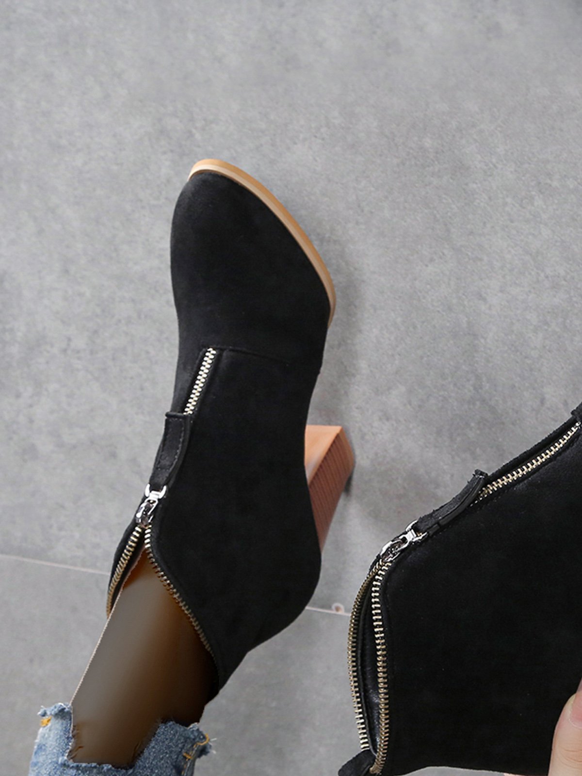 Leopard Print Plain Faux Leather Chunky Heel Boots