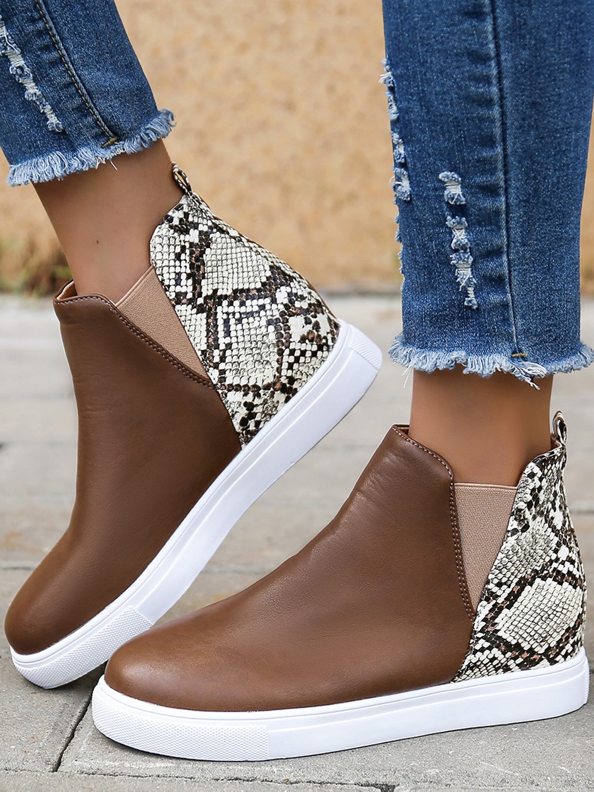 Snake Print Stitching Casual Inner Heightening Ankle Boots