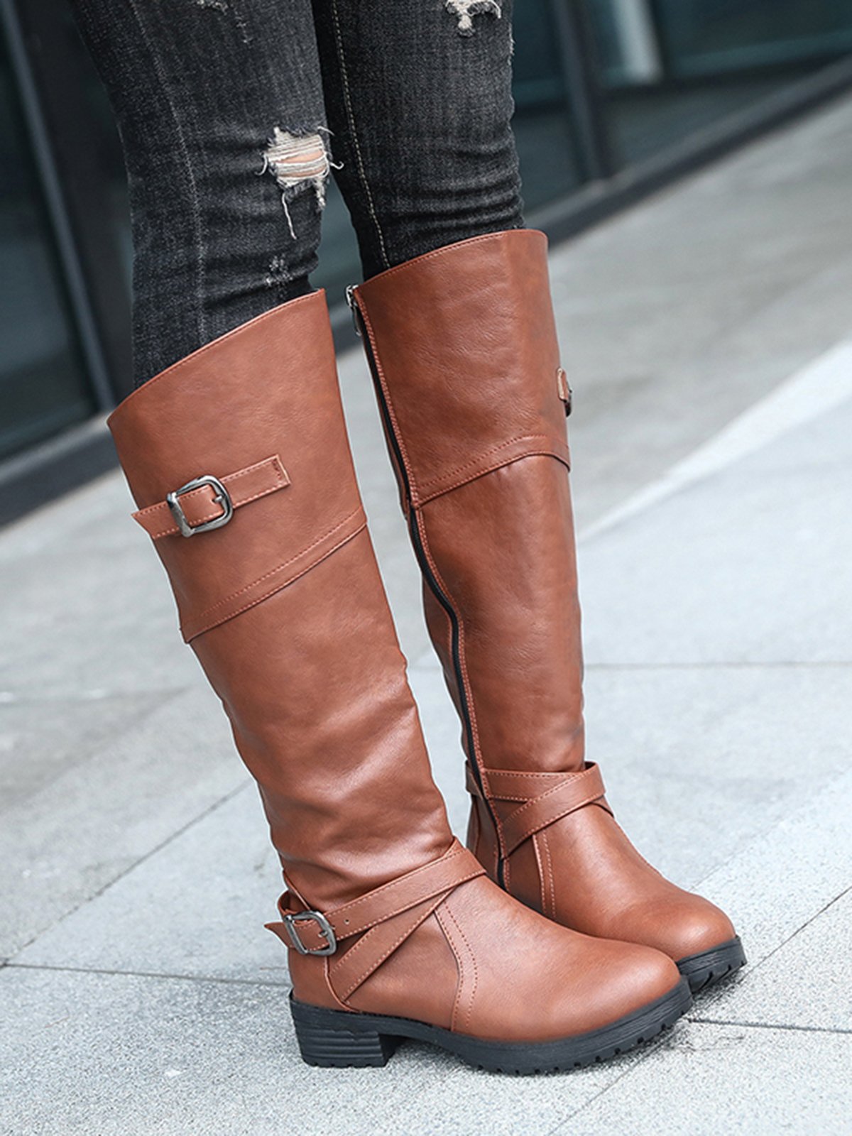 Buckle Zip Casual Straight Boots