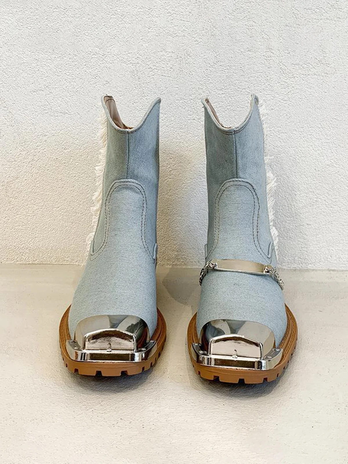 Denim Panel Fringed Western Cowboy Boots with Chain
