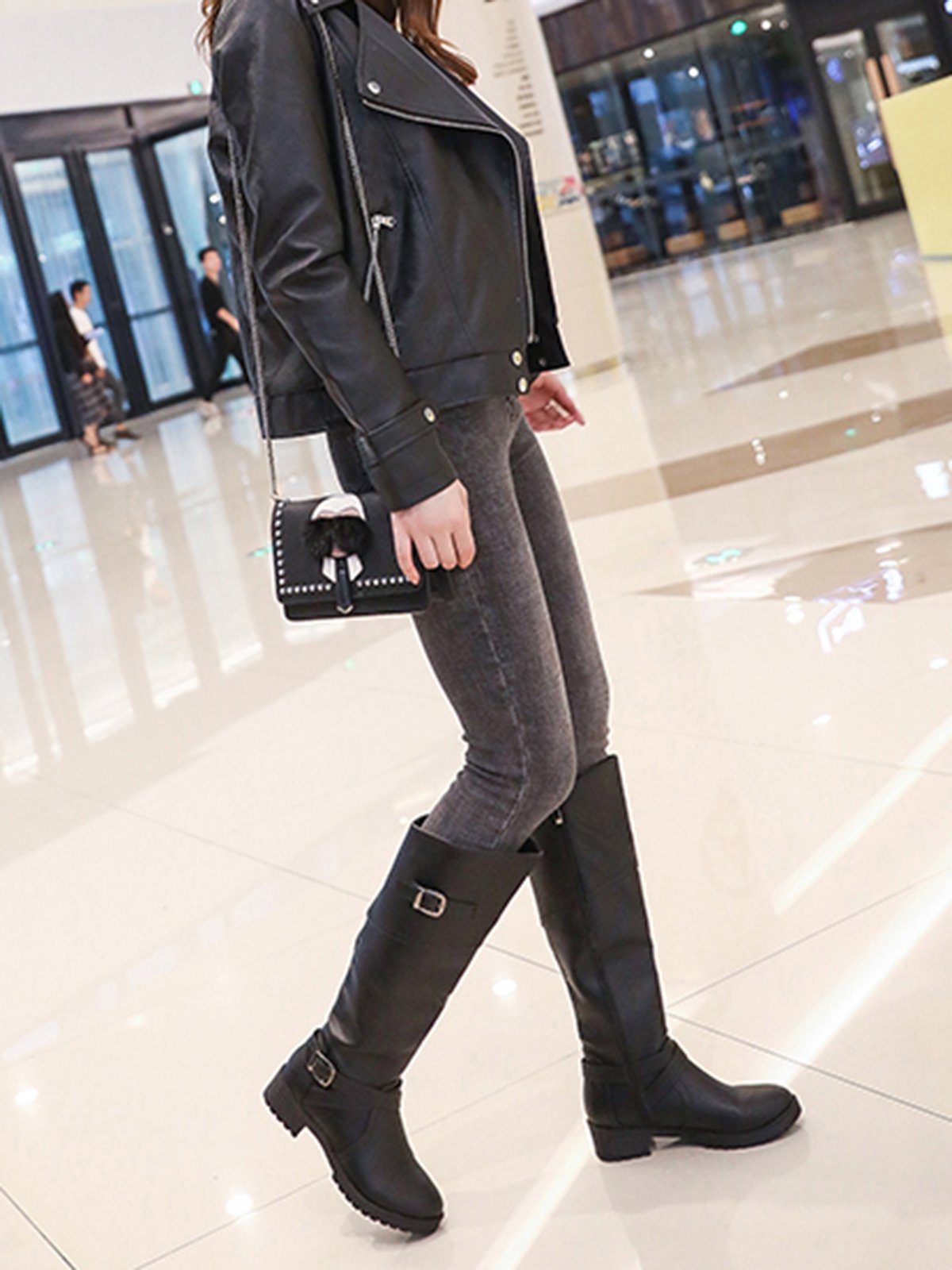 Buckle Zip Casual Straight Boots