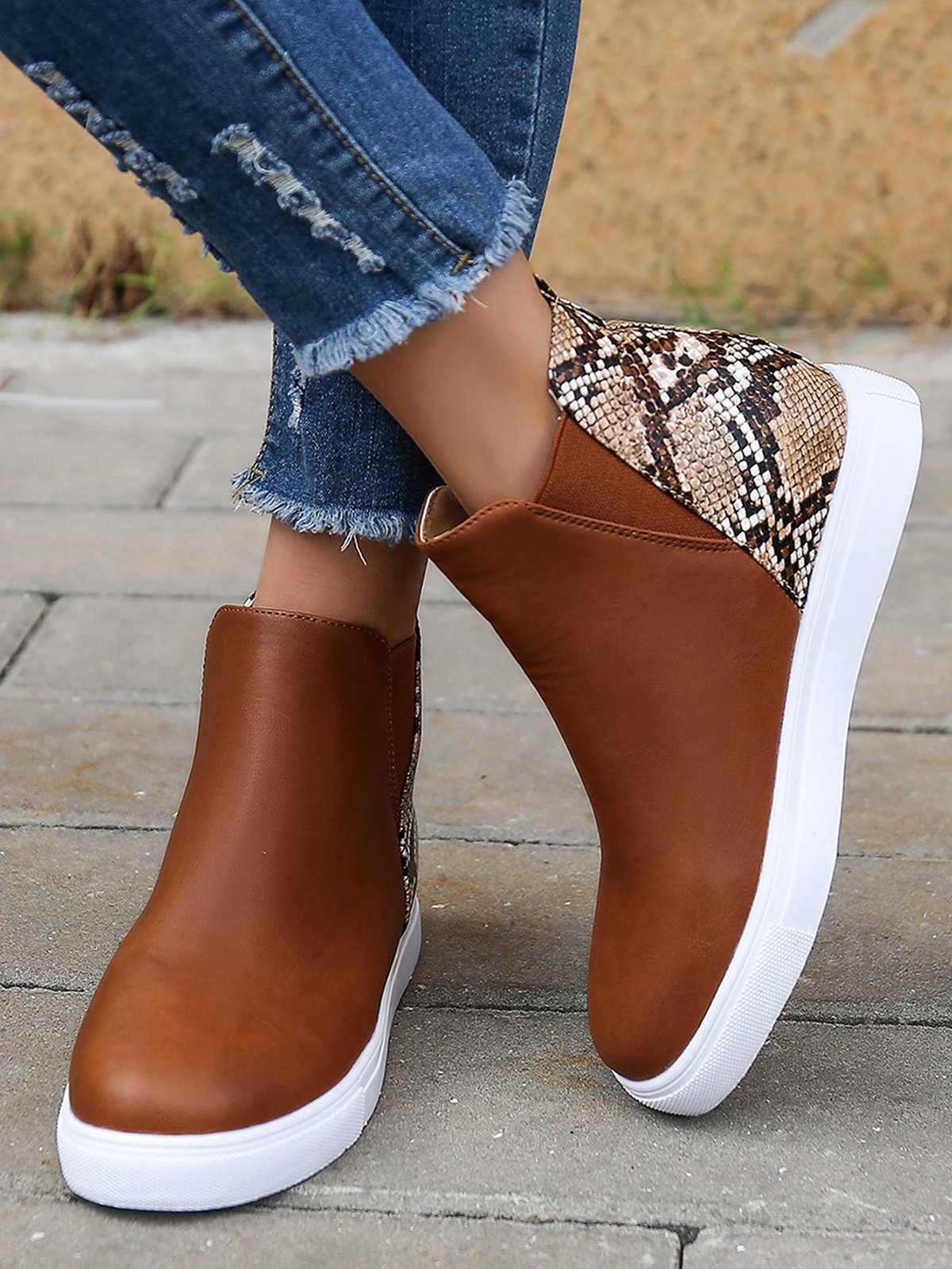 Snake Print Stitching Casual Inner Heightening Ankle Boots