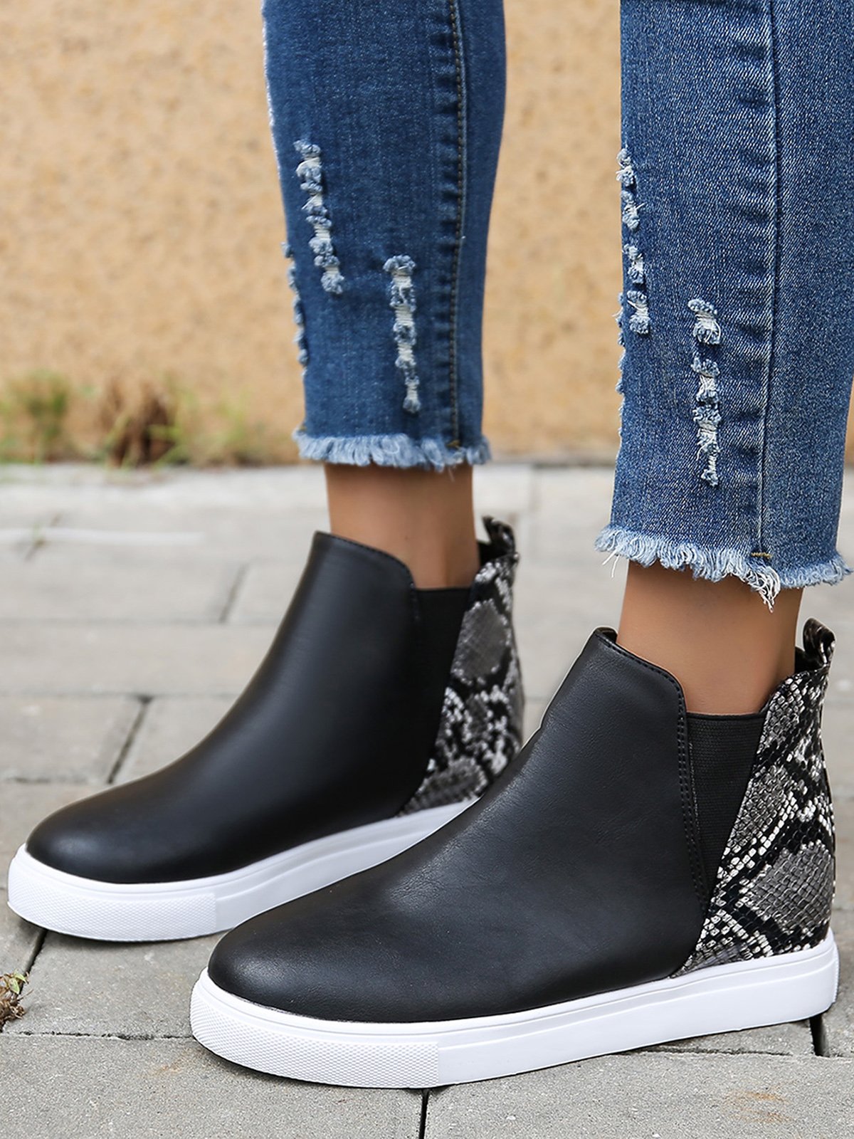 Snake Print Stitching Casual Inner Heightening Ankle Boots