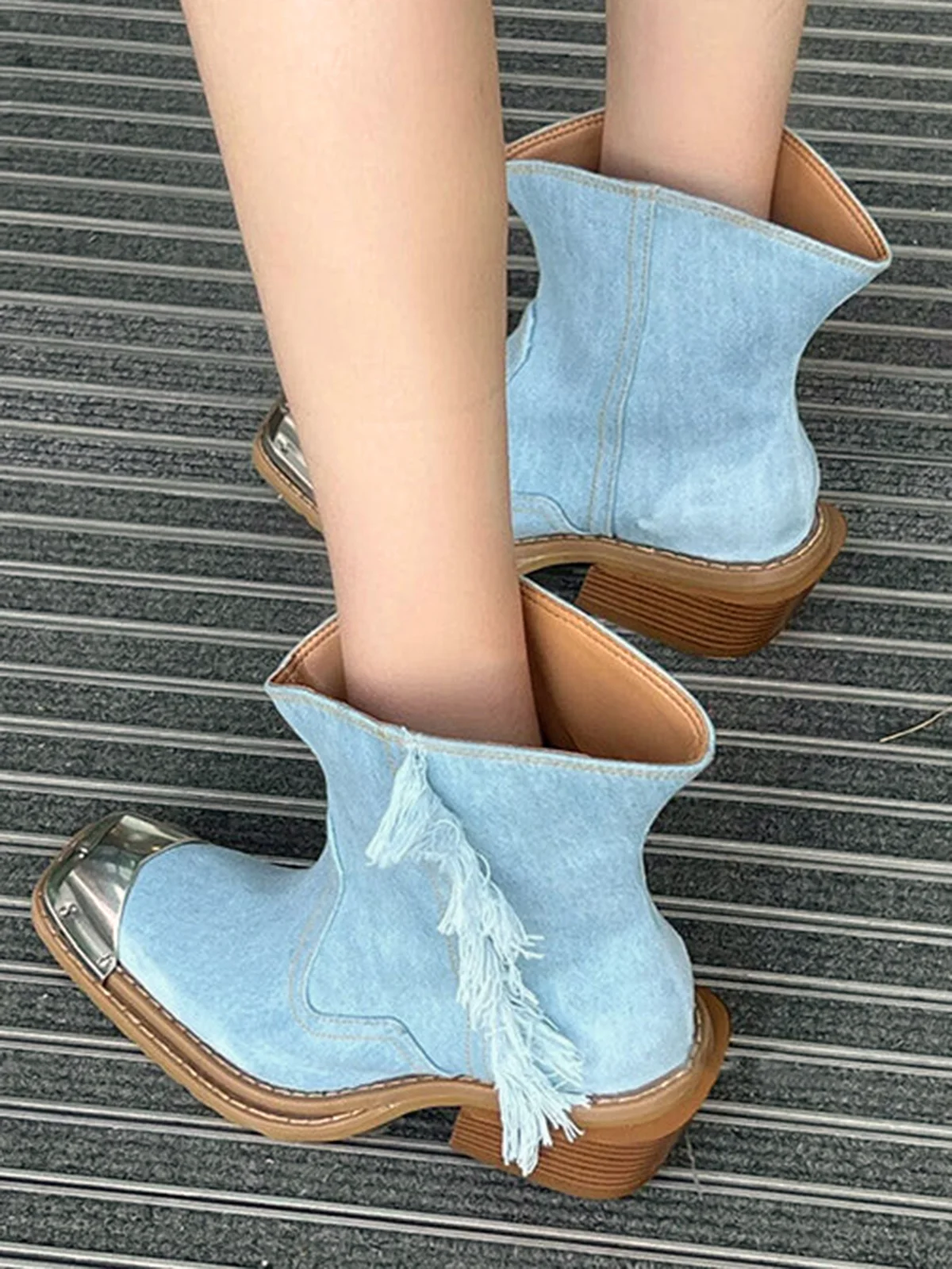 Denim Panel Fringed Western Cowboy Boots with Chain
