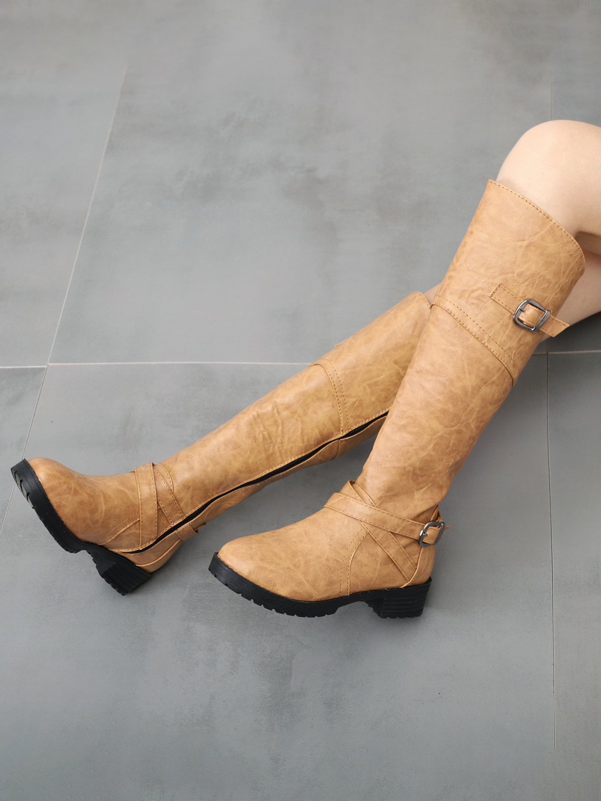 Buckle Zip Casual Straight Boots