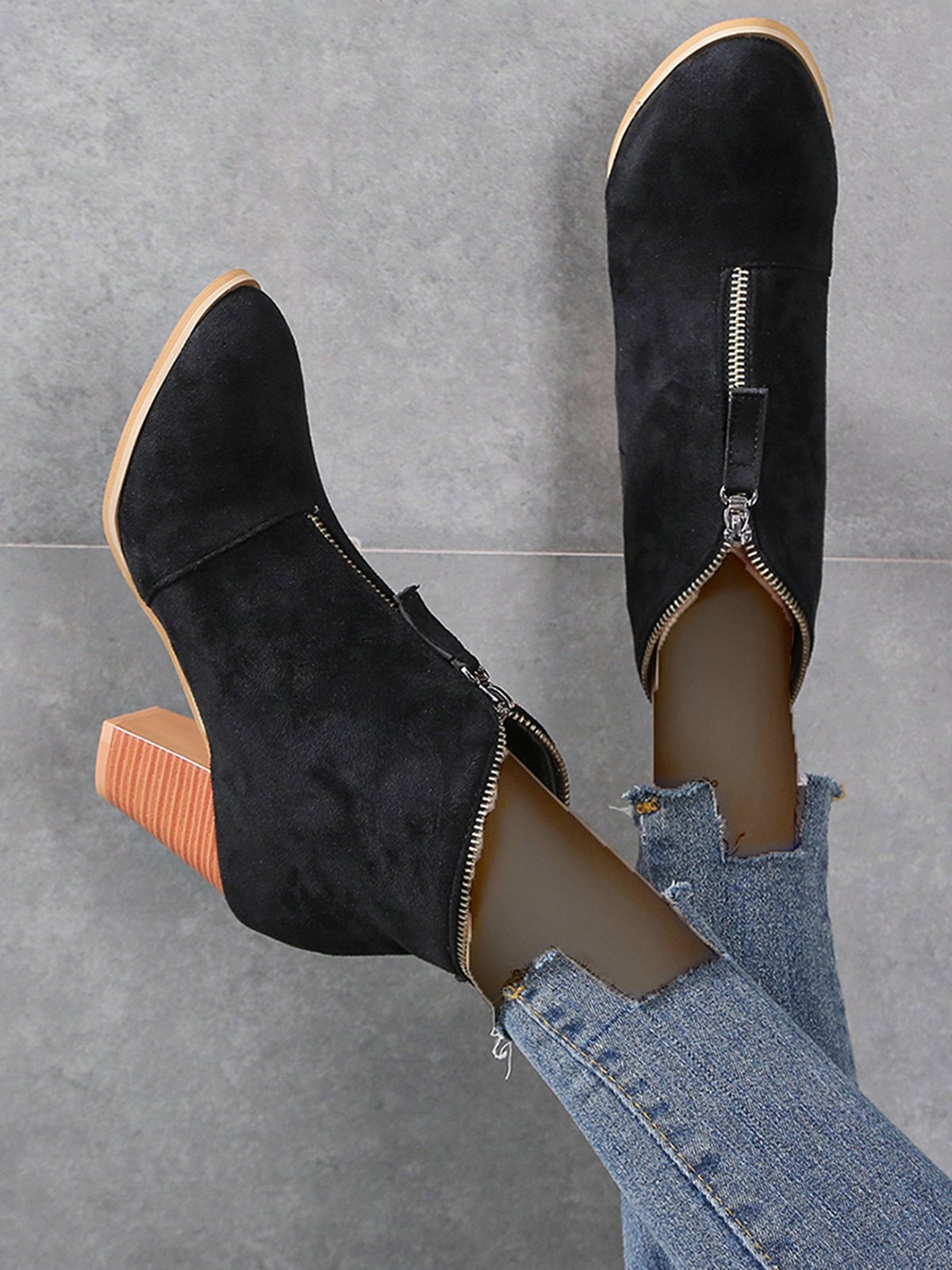 Leopard Print Plain Faux Leather Chunky Heel Boots