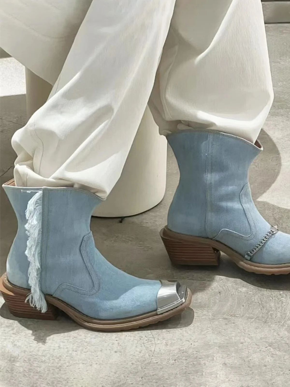 Denim Panel Fringed Western Cowboy Boots with Chain