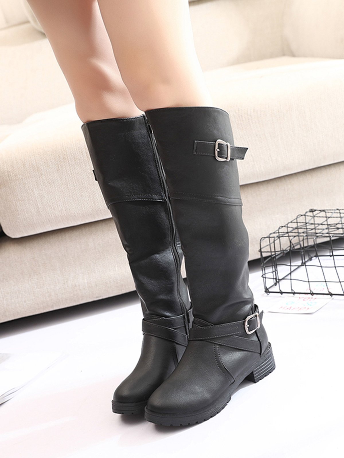 Buckle Zip Casual Straight Boots