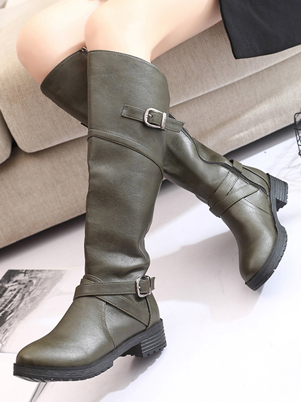 Buckle Zip Casual Straight Boots