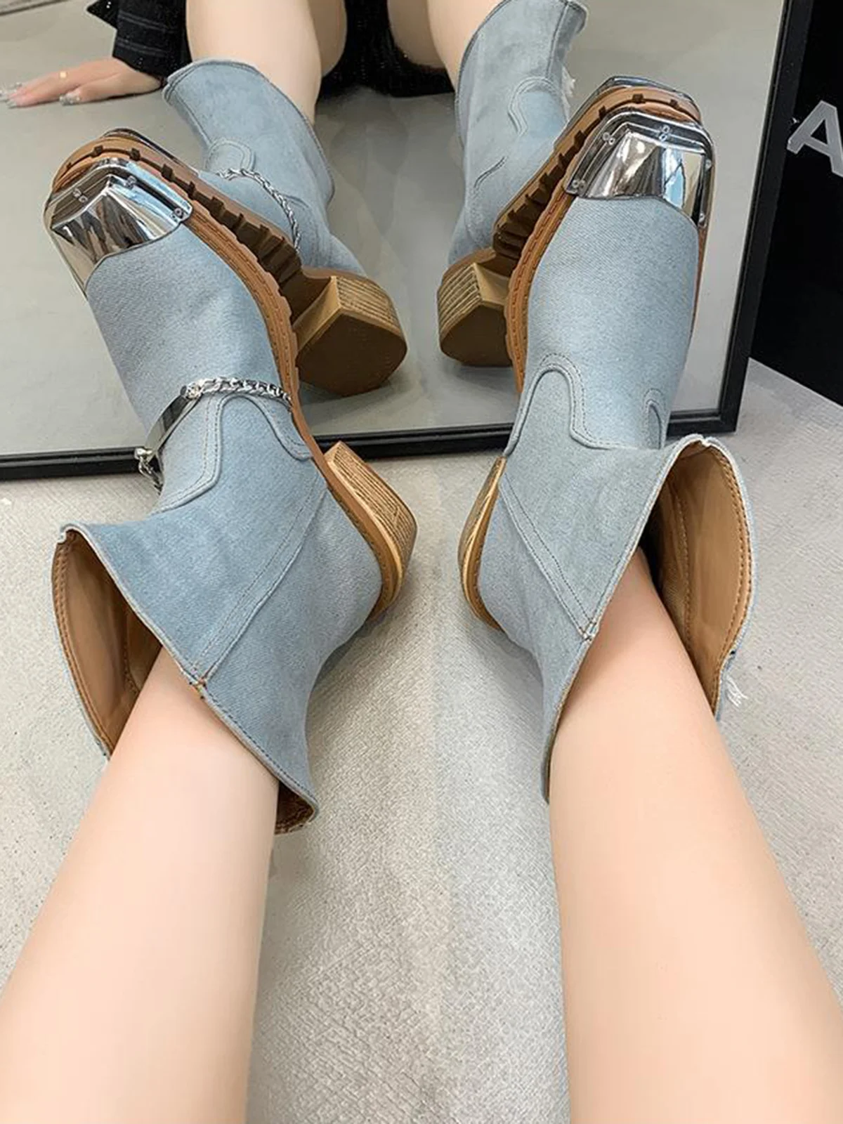 Denim Panel Fringed Western Cowboy Boots with Chain