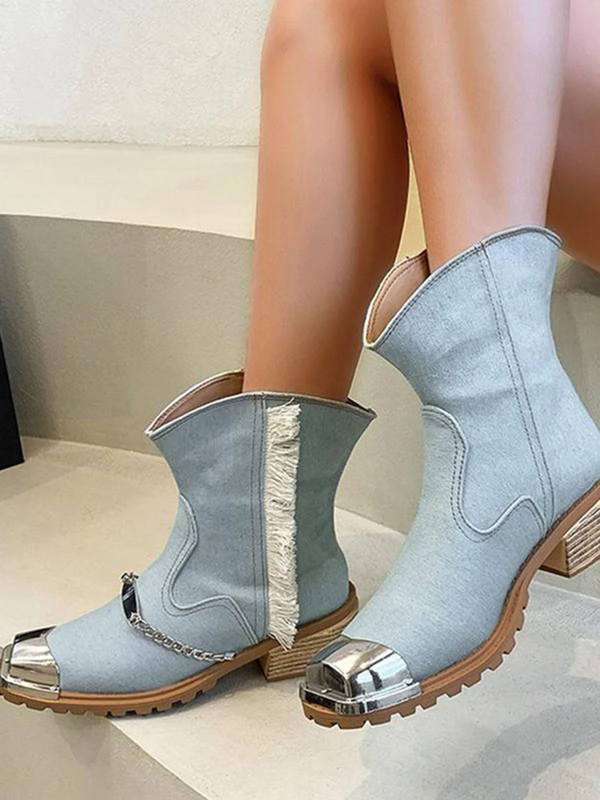 Denim Panel Fringed Western Cowboy Boots with Chain